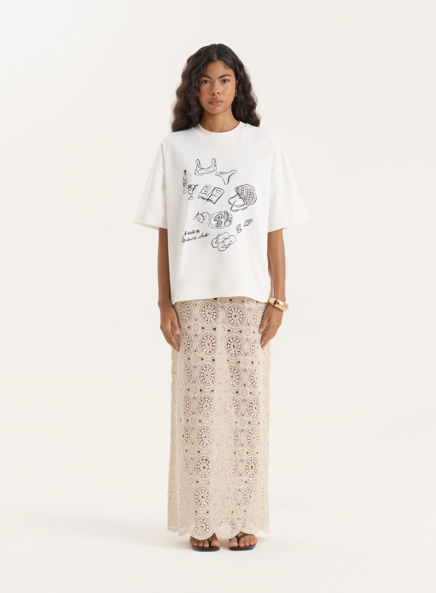 Cream Illustration Print Oversized T Shirt