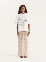 Cream Illustration Print Oversized T Shirt