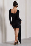 Crimson Cut Black Velvet Floral Long Sleeved Ruffled Bodycon Mini Dress