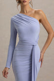 Sanya Pale Blue Asymmetric One Sleeve Wrap Maxi Dress with Drape