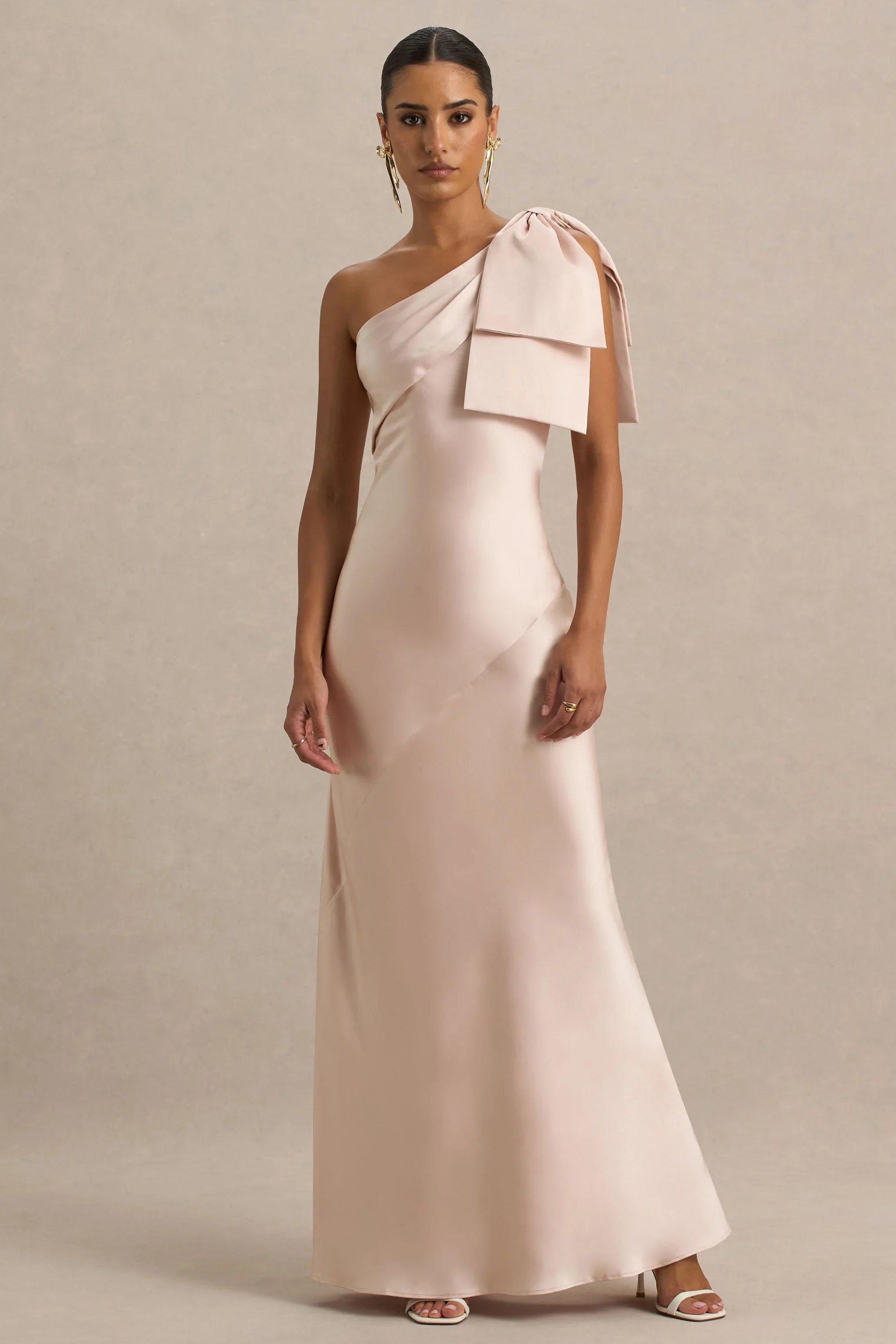 Valerie Light Pink Satin Asymmetric Neck Maxi Dress With Bow Detail