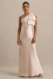 Valerie Light Pink Satin Asymmetric Neck Maxi Dress With Bow Detail