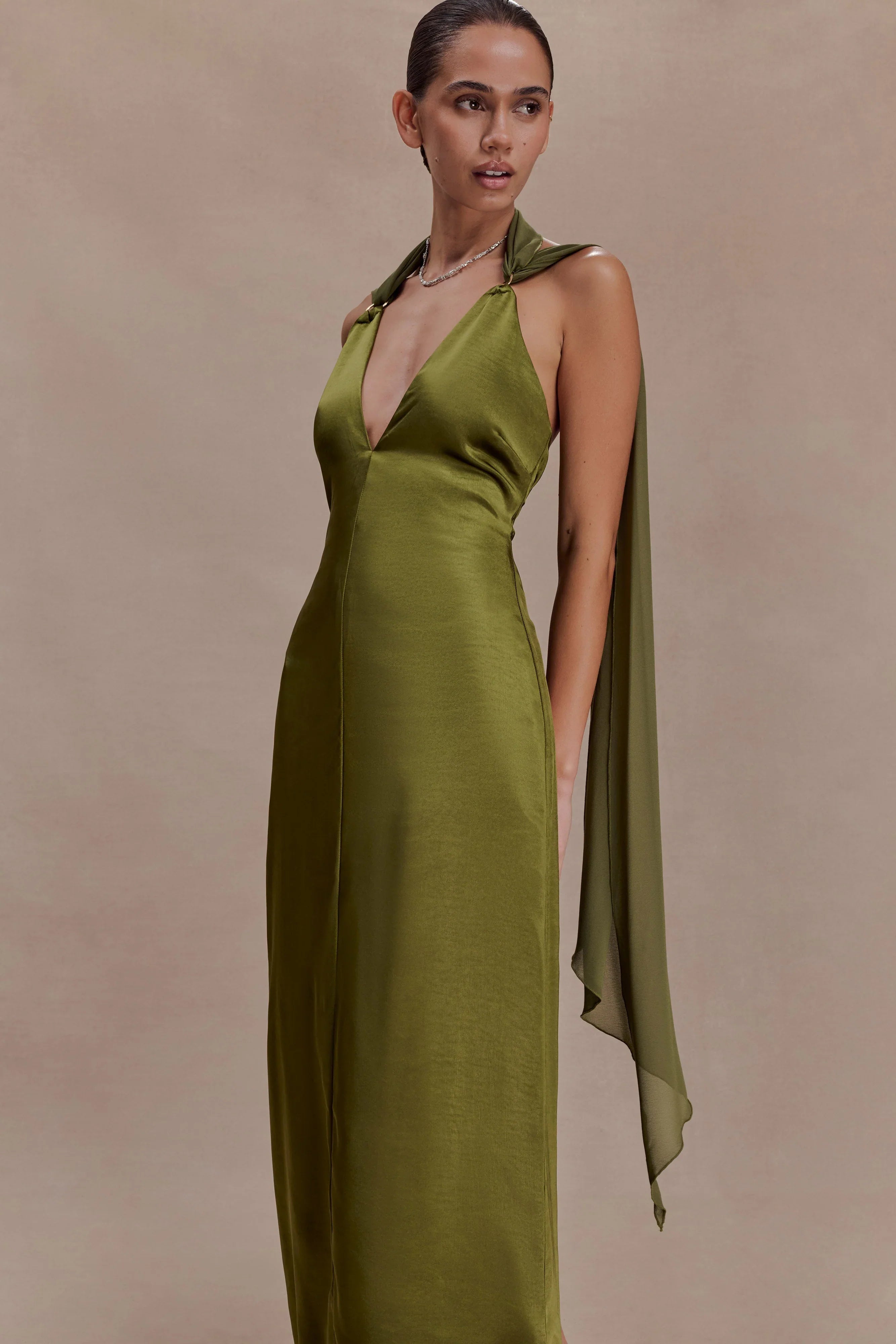 Myla Draped Shoulders Satin Maxi Dress Khaki