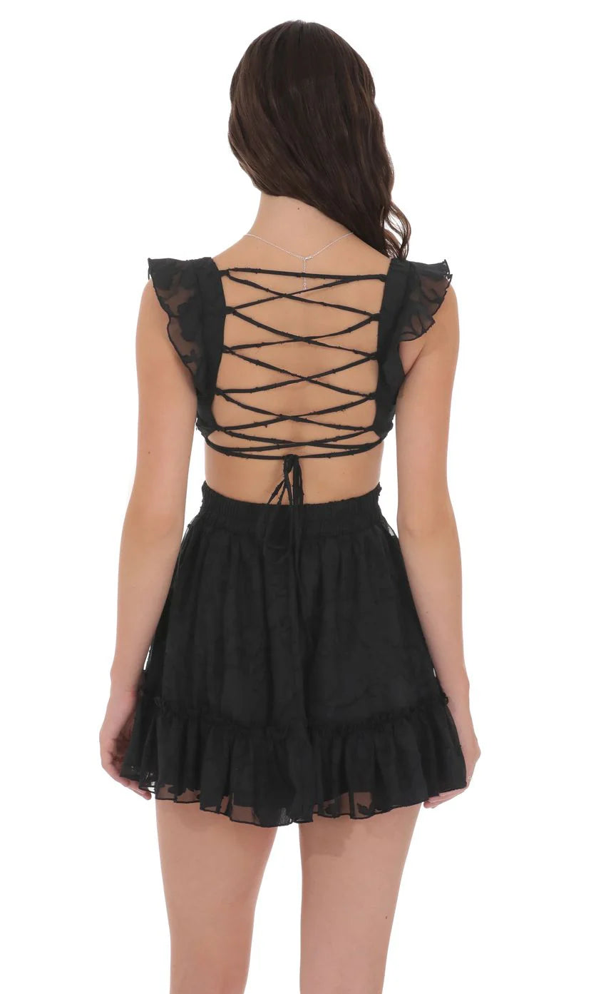 Ruffle Floral Cutout Dress in Black