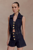 Shona Denim Vest With Decorative Buttons Washed Indigo Blue