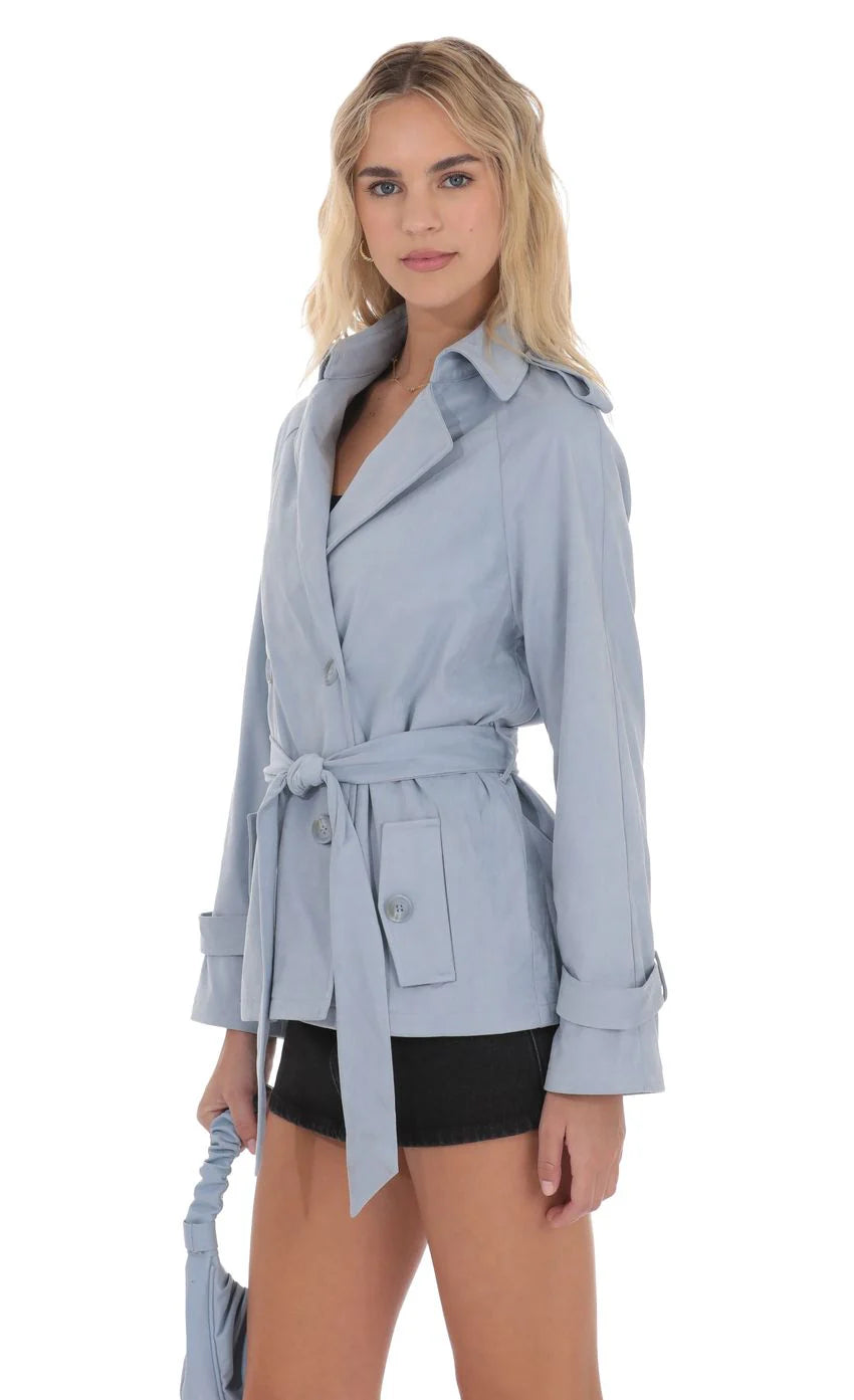 Suede Double Breasted Trench Coat in Sky Blue