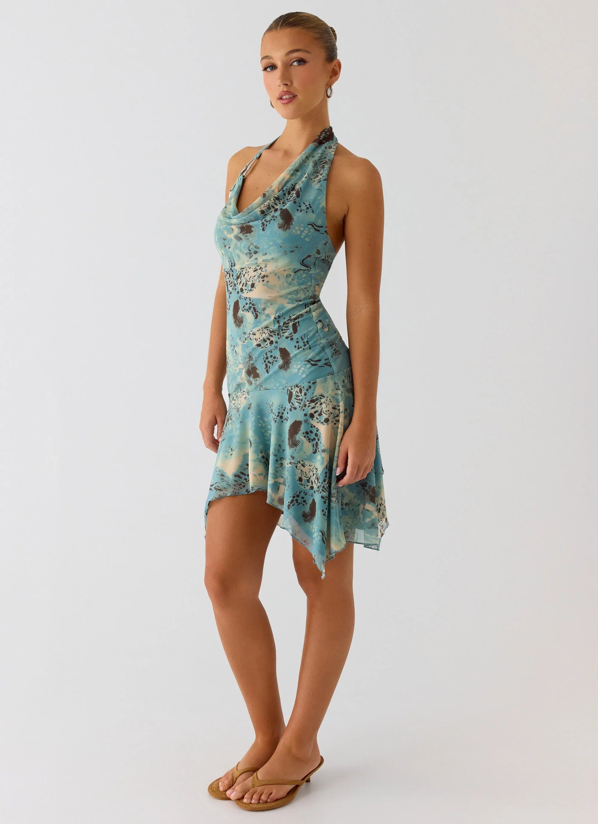 Bad Alive Halter Hanky Mini Dress Aqua Blur