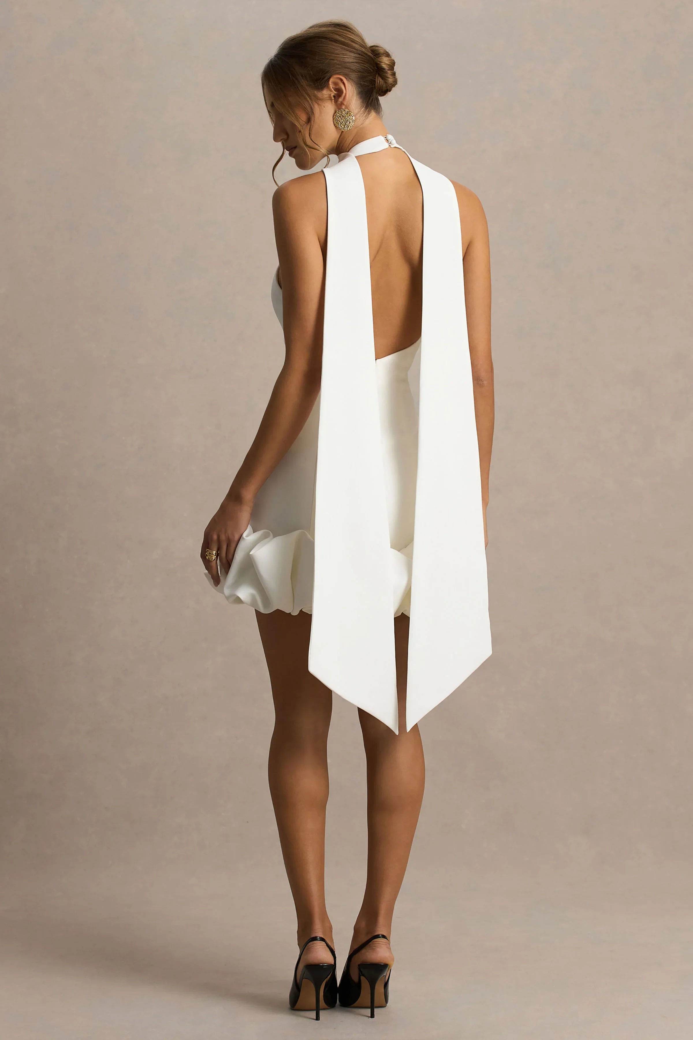Geneve White Halter Neck Mini Dress With Ruffled Trim
