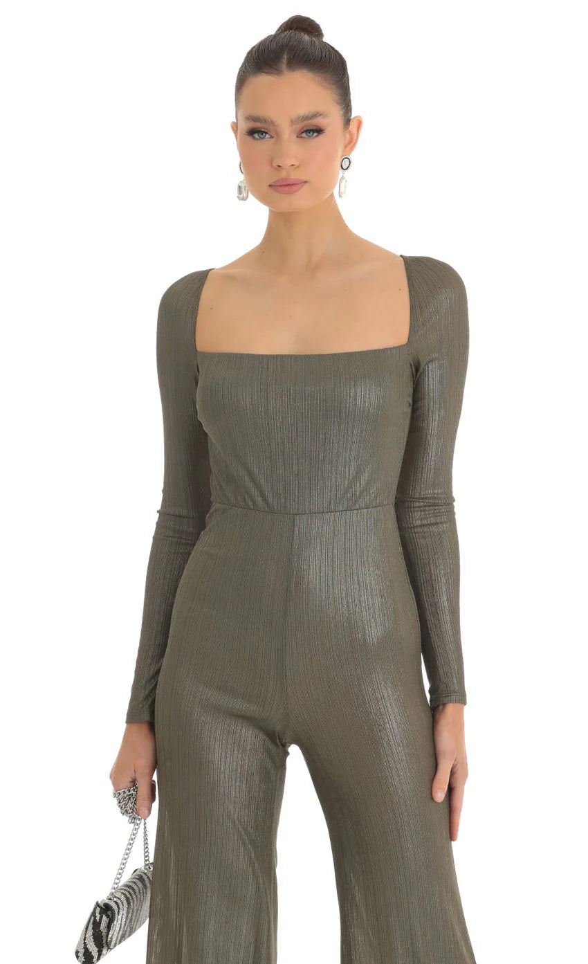 Shimmer Open Back Long Sleeve Jumpsuit in Olive