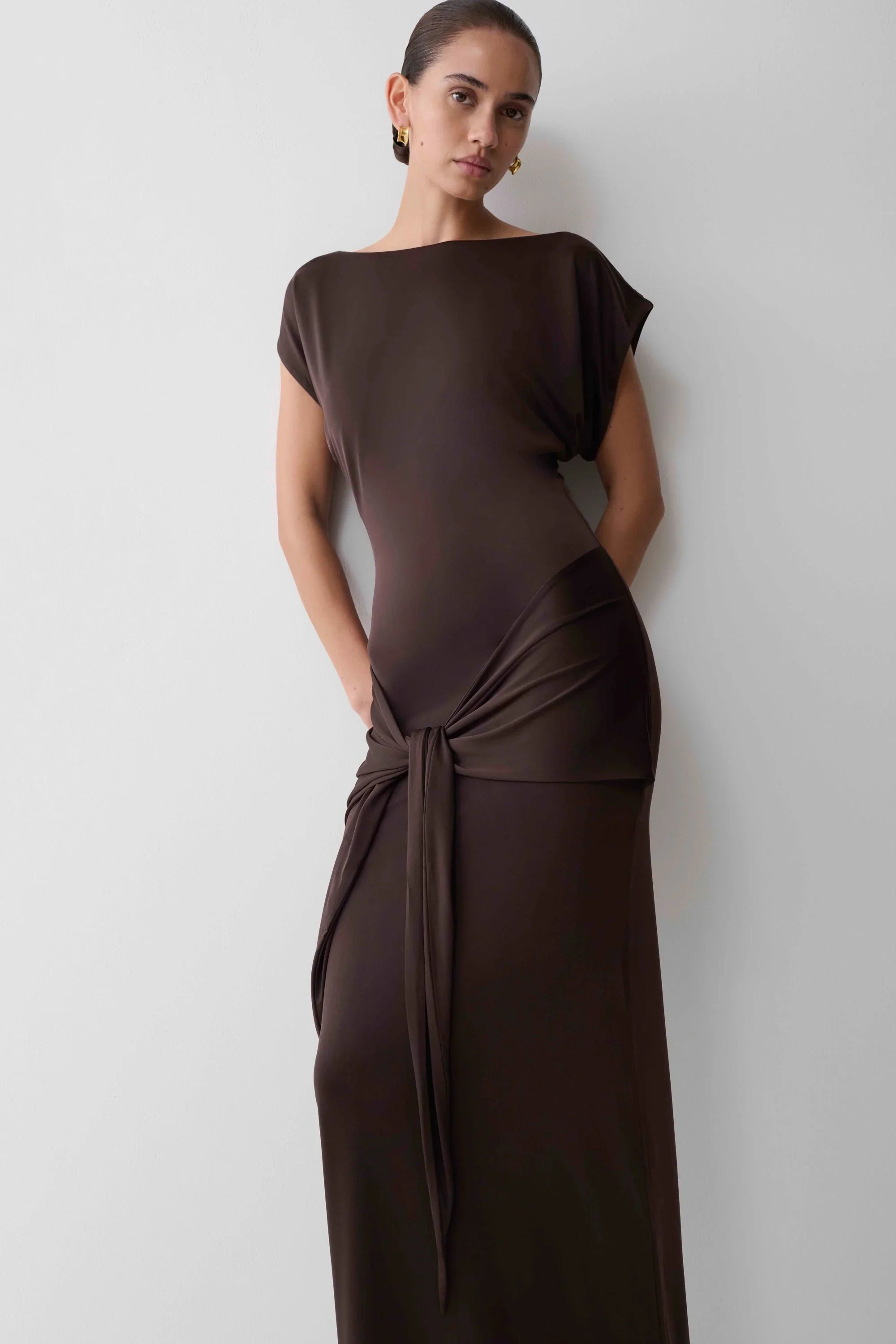 Maiara Shortsleeve Slinky Tie Maxi Dress Chocolate