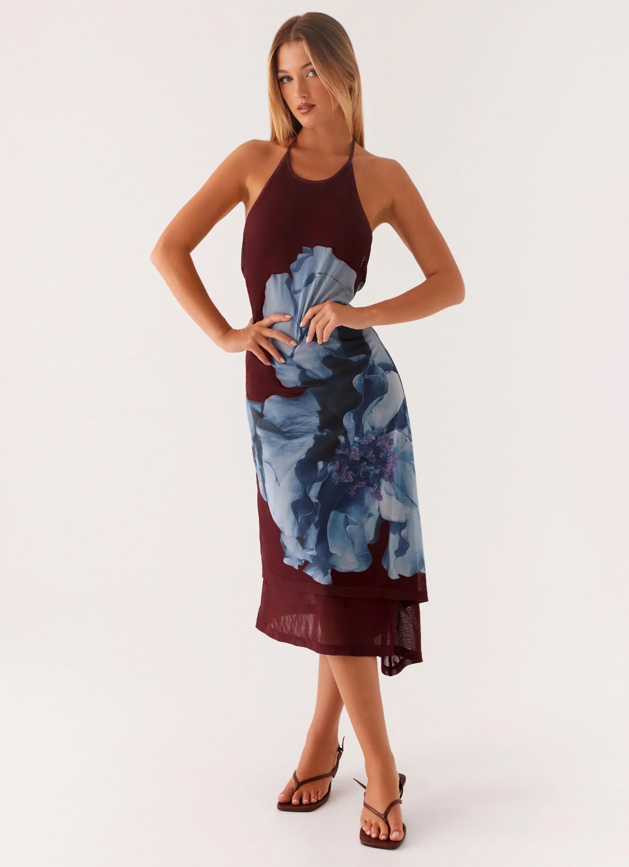 Brinley Halterneck Midi Dress Maroon Print