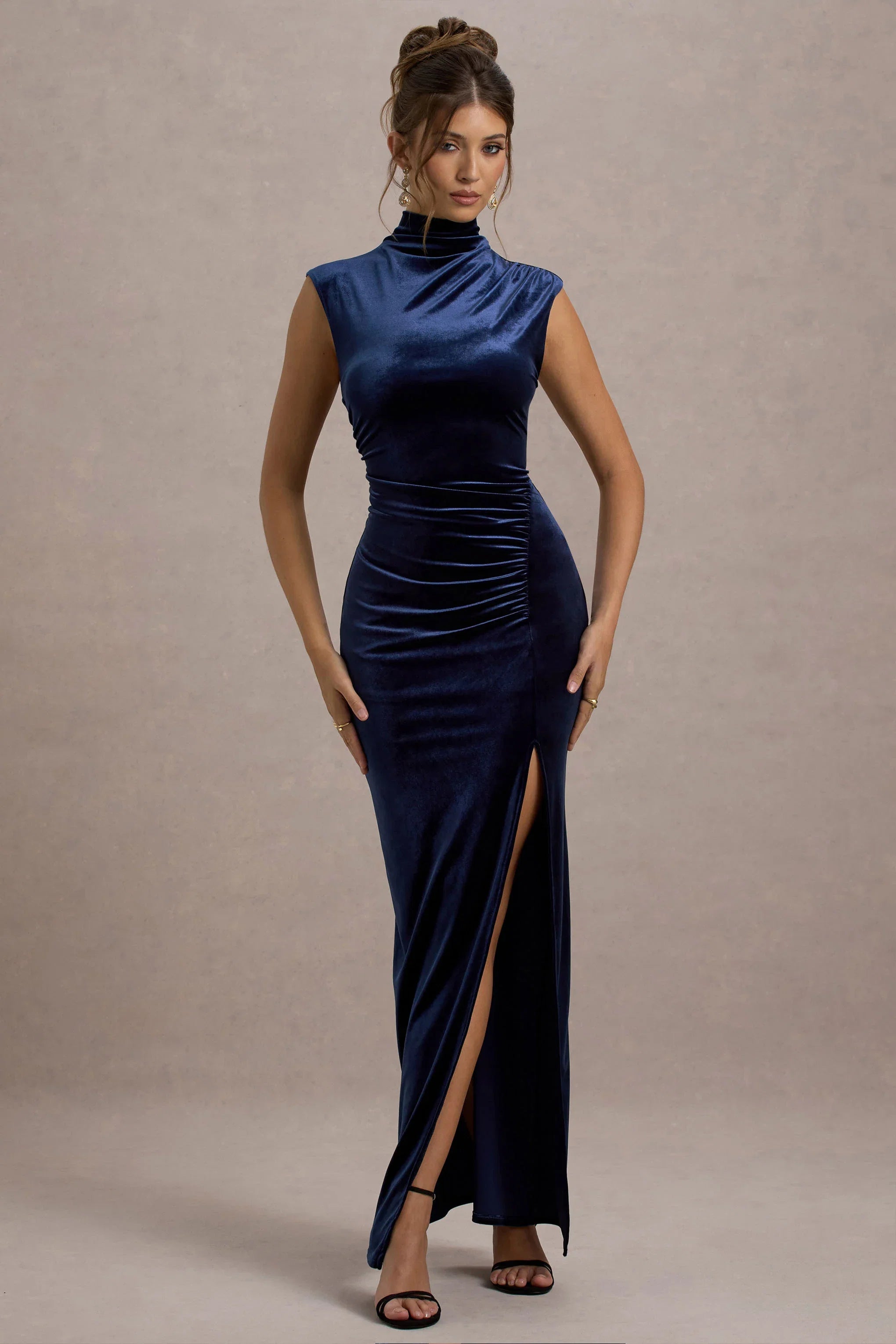 Abilene Navy Velvet High Neck Split Maxi Dress