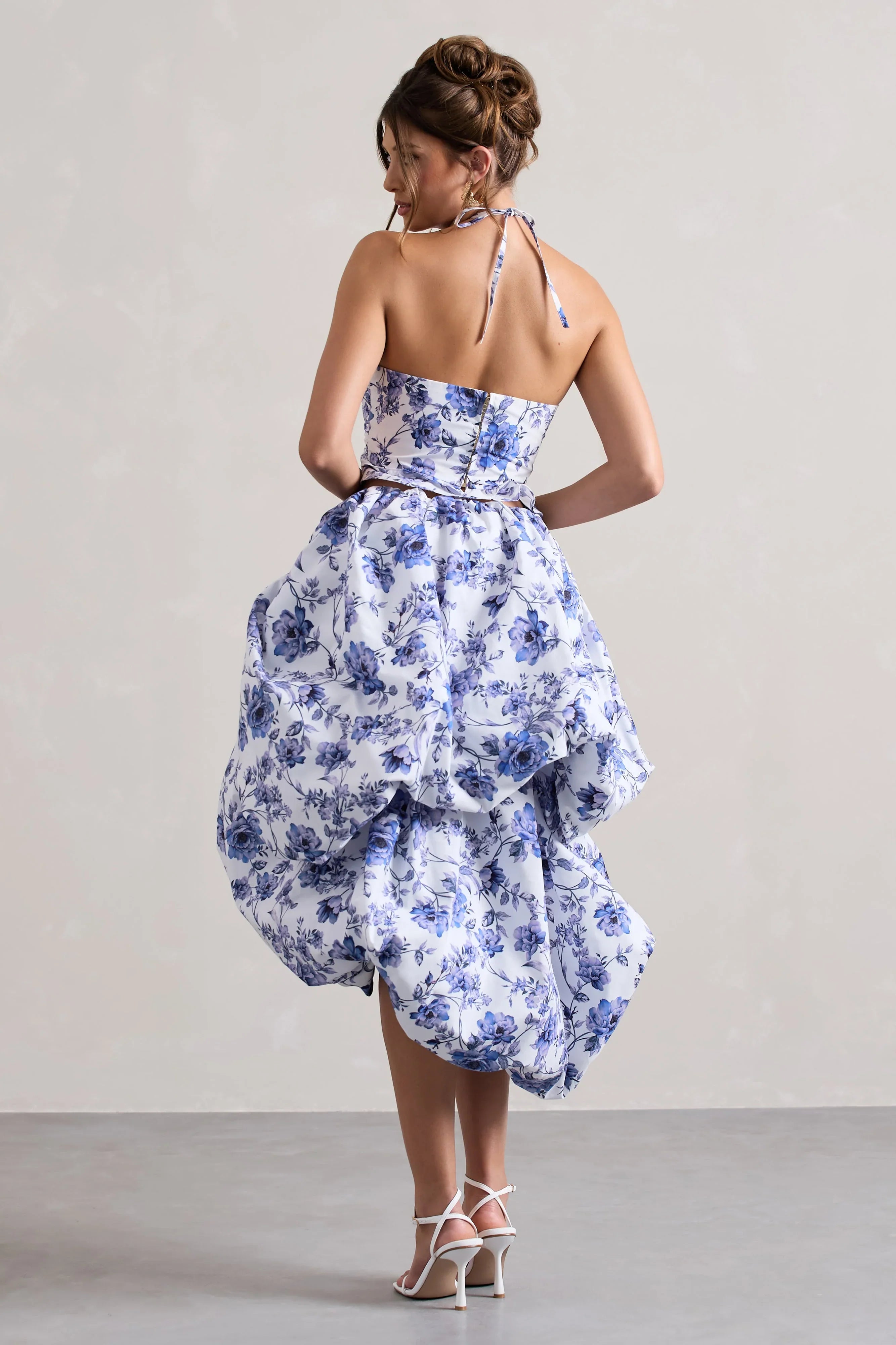 Make Waves Floral Print Volume High Low Midi Skirt