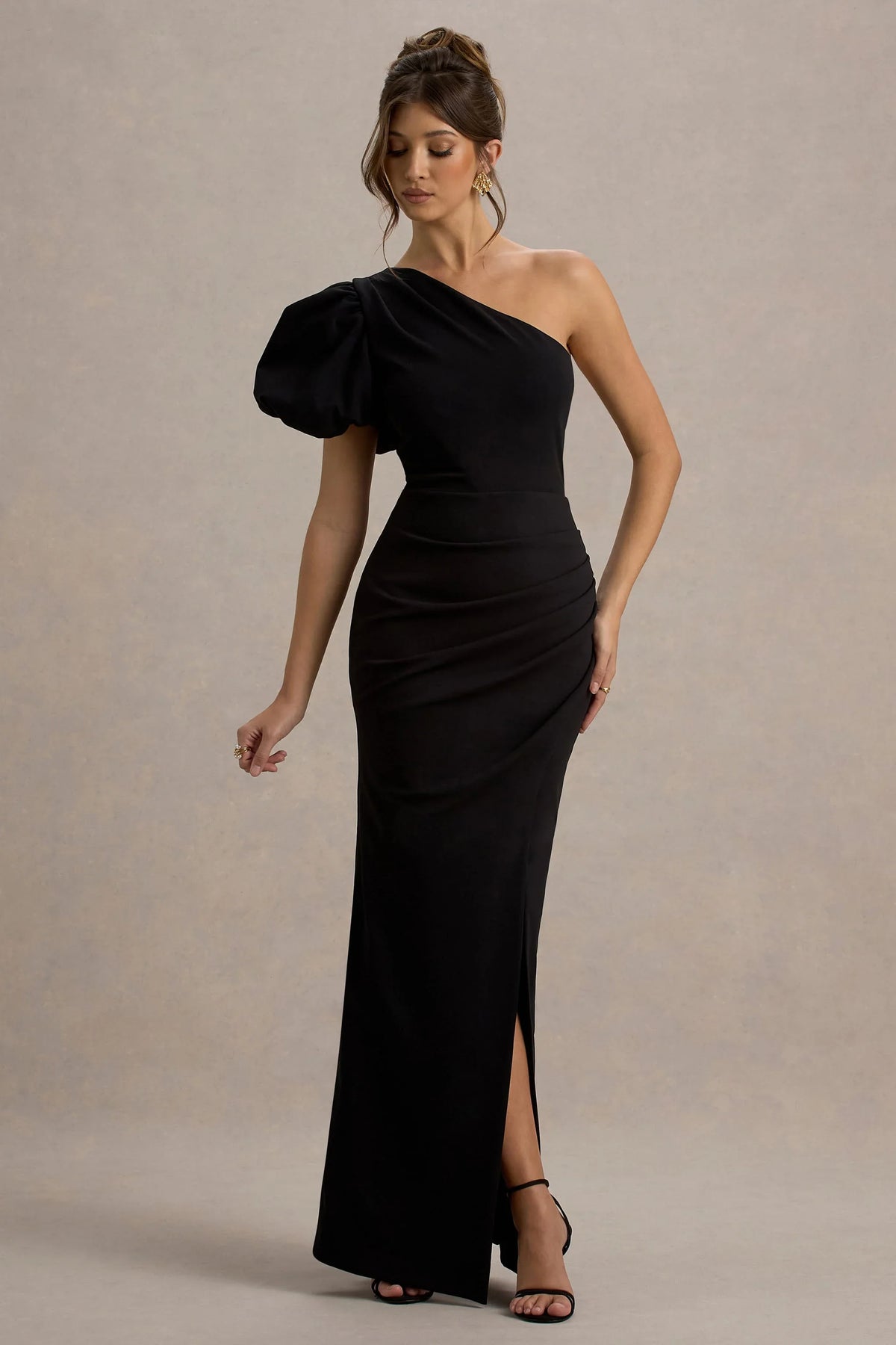 Vittoria Black Asymmetric Puff Sleeve Split Maxi Dress