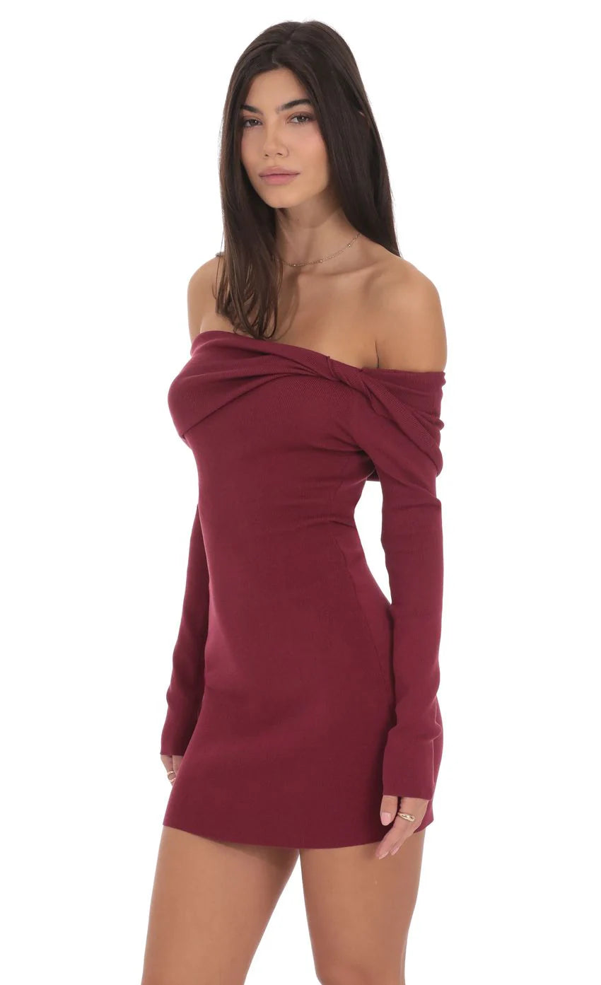 Ribbed Twist Off Shoulder Dress in Plum
