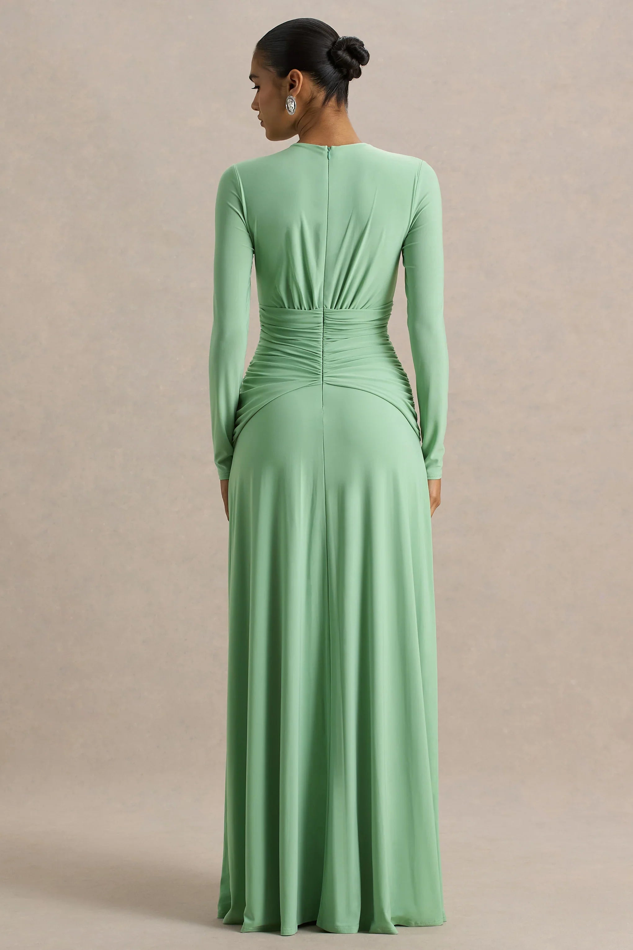 With Me Green High Neck Maxi Dress With Ruched Detailing