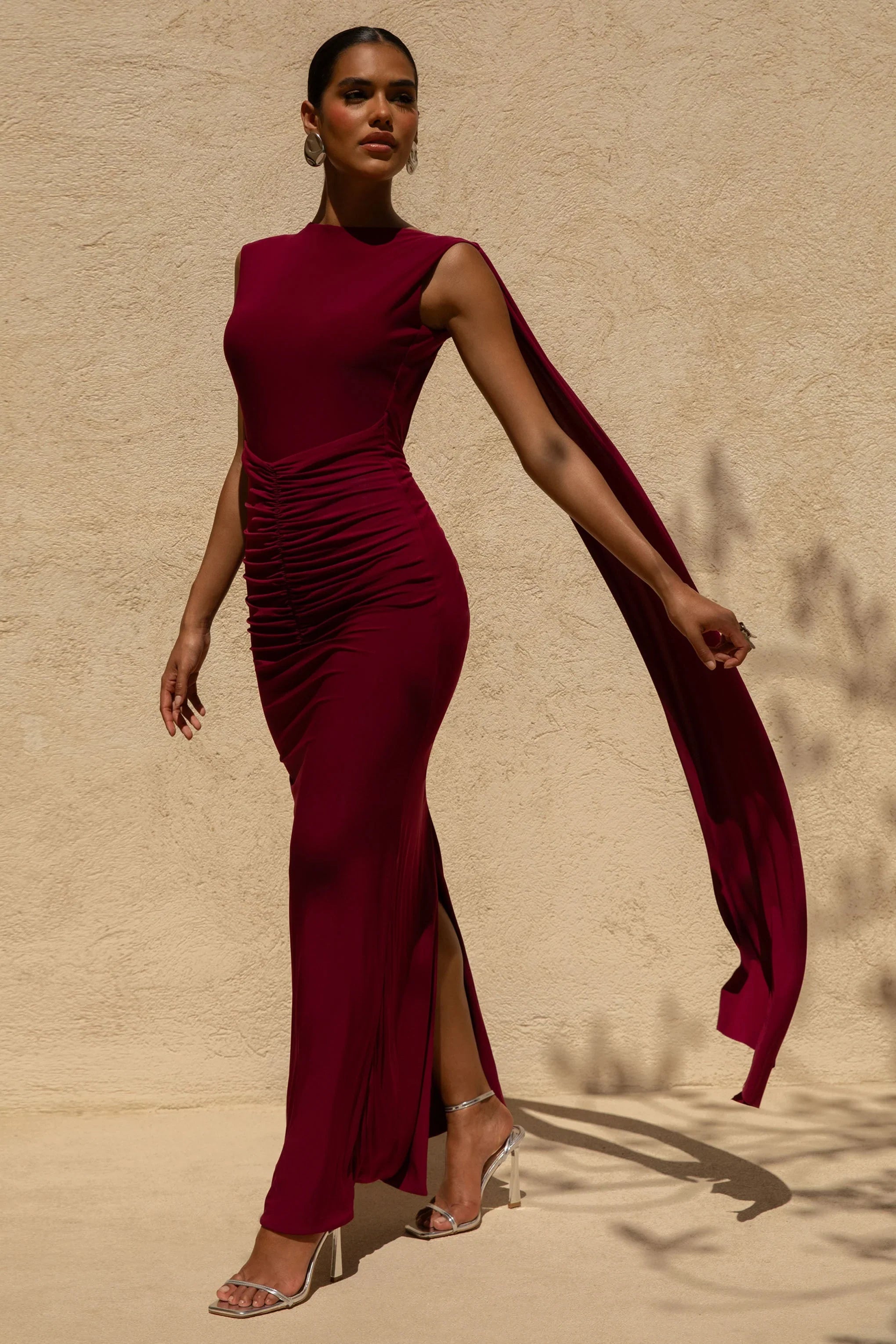 Saige Burgundy Cap Sleeve Gathered Maxi Dress