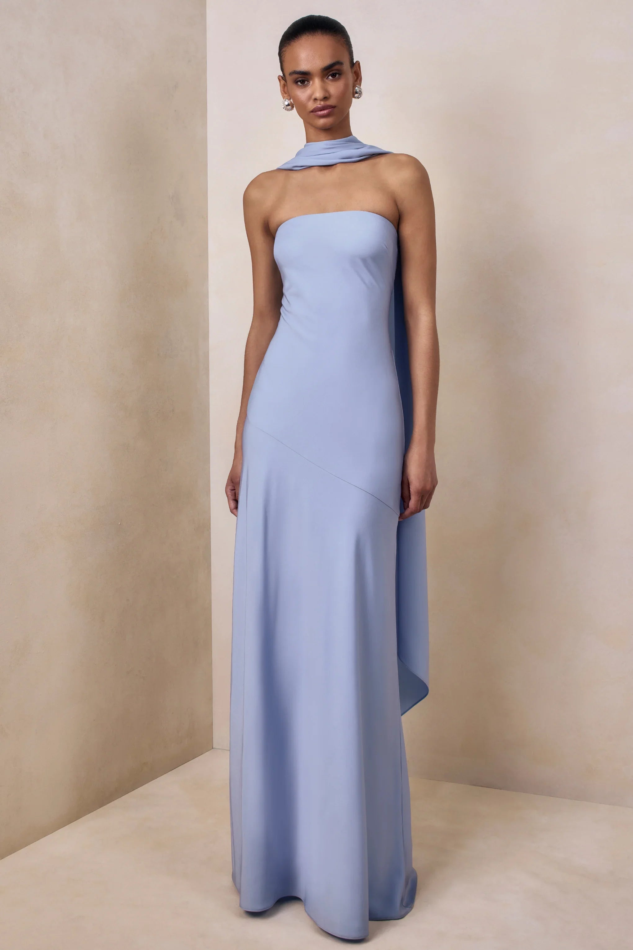 Charly Powder Blue Matte Satin Bandeau Maxi Dress With Scarf Detail