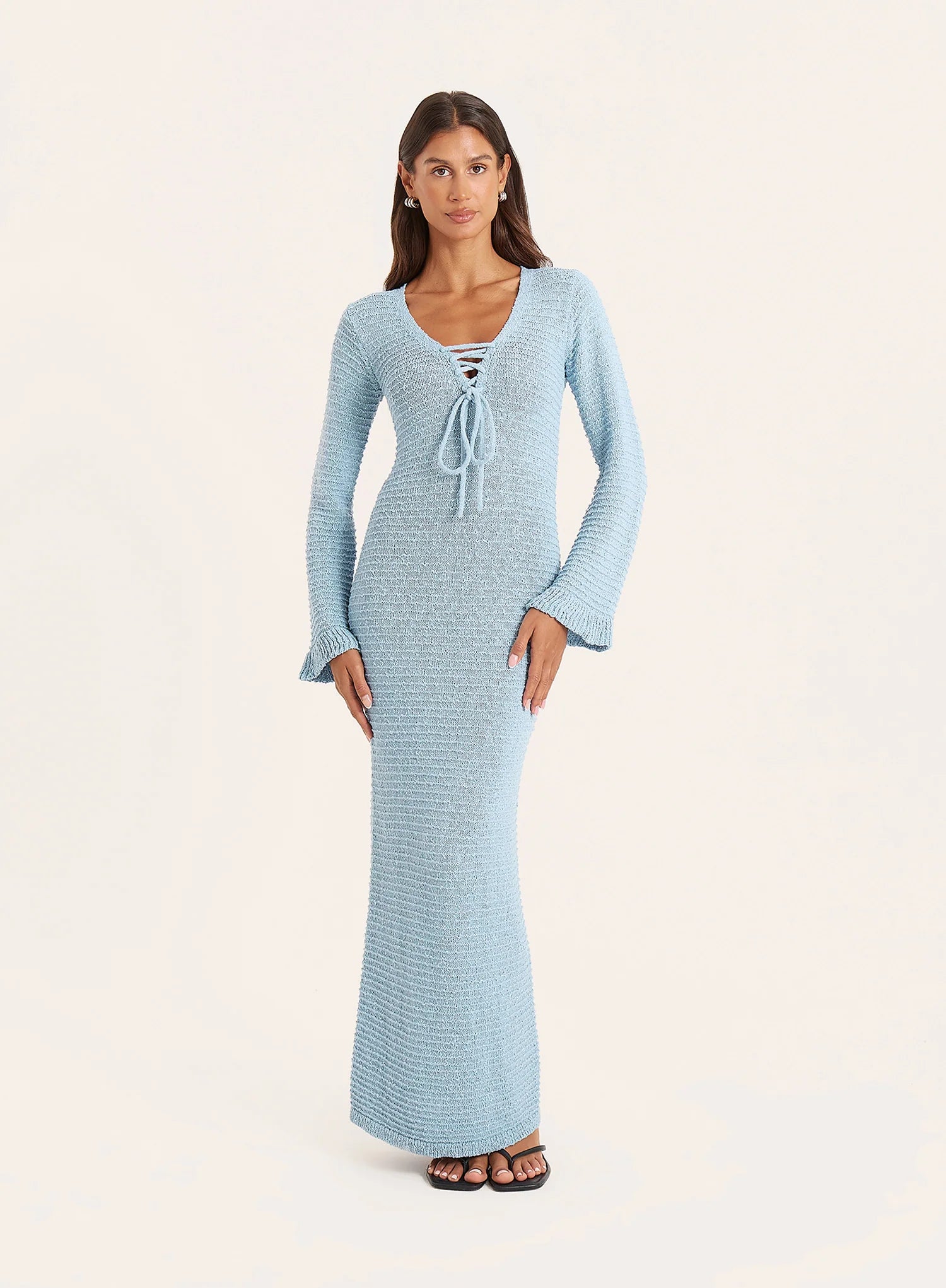 Blue Knitted Tie Front Maxi Dress