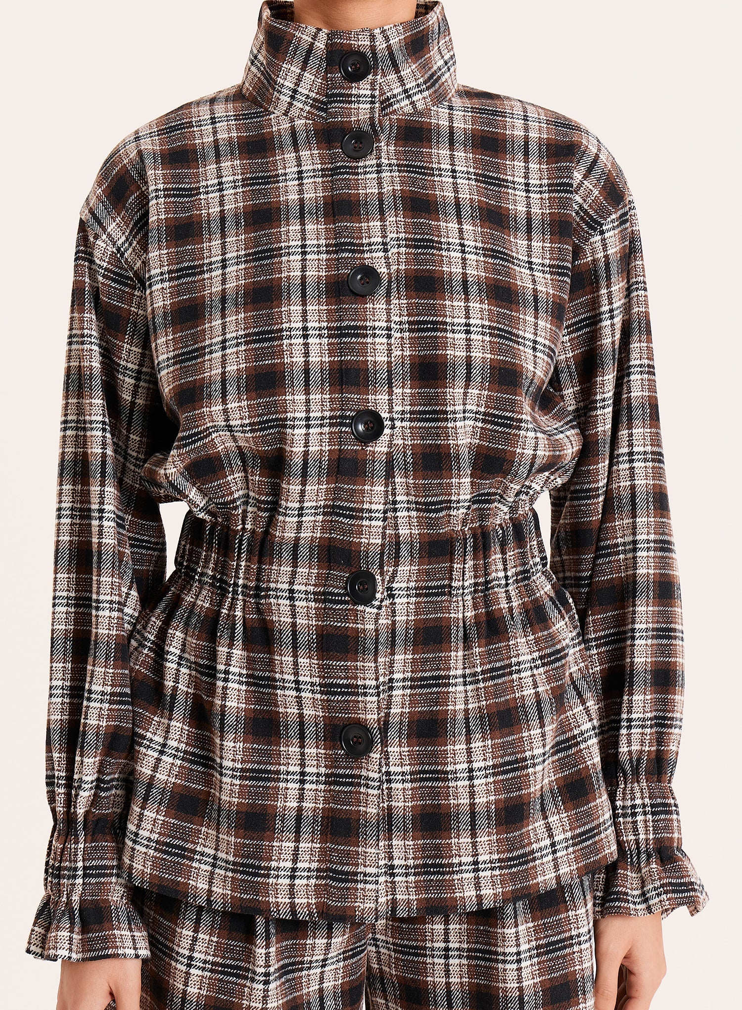 Brown Check Funnel Neck Cinched Waist Jacket