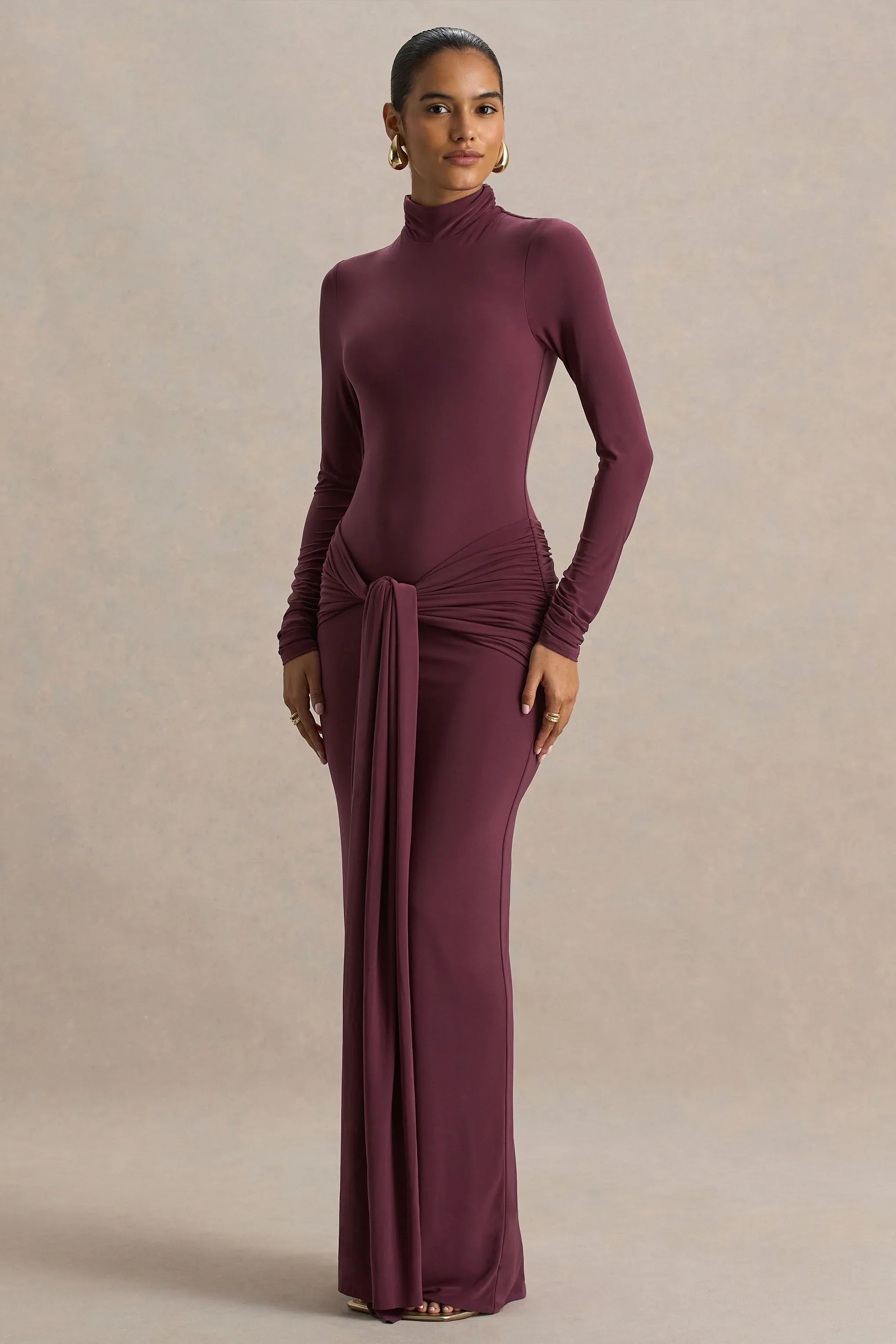 Myra Burgundy High Neck Maxi Dress With Sash and Ruched Detailing