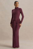 Myra Burgundy High Neck Maxi Dress With Sash and Ruched Detailing