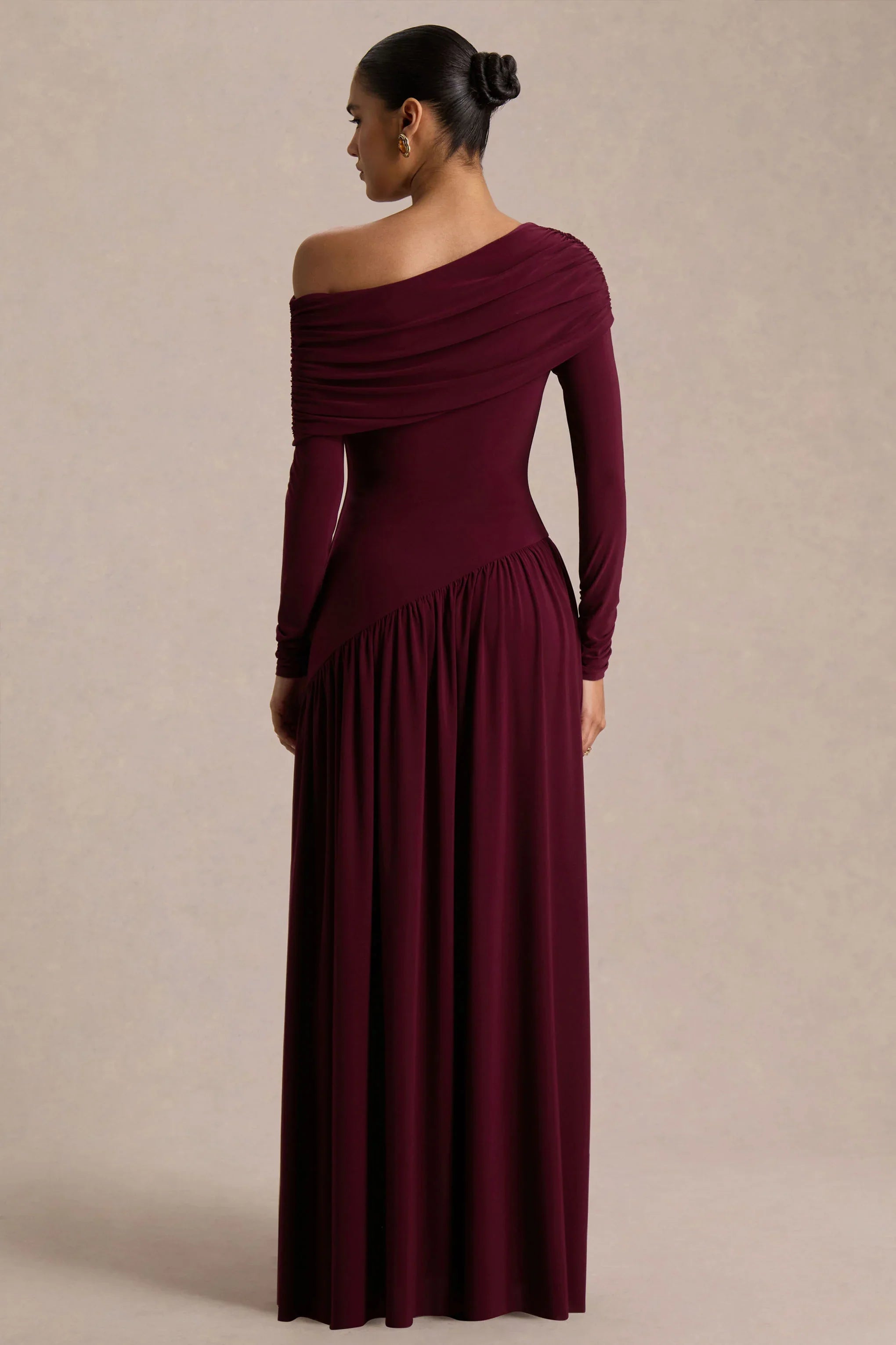 Farah Burgundy Asymmetric Neck Maxi Dress With Drop Waist And Ruched Detailing