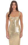 Sequin Square Neck Fitted Maxi Dress in Gold