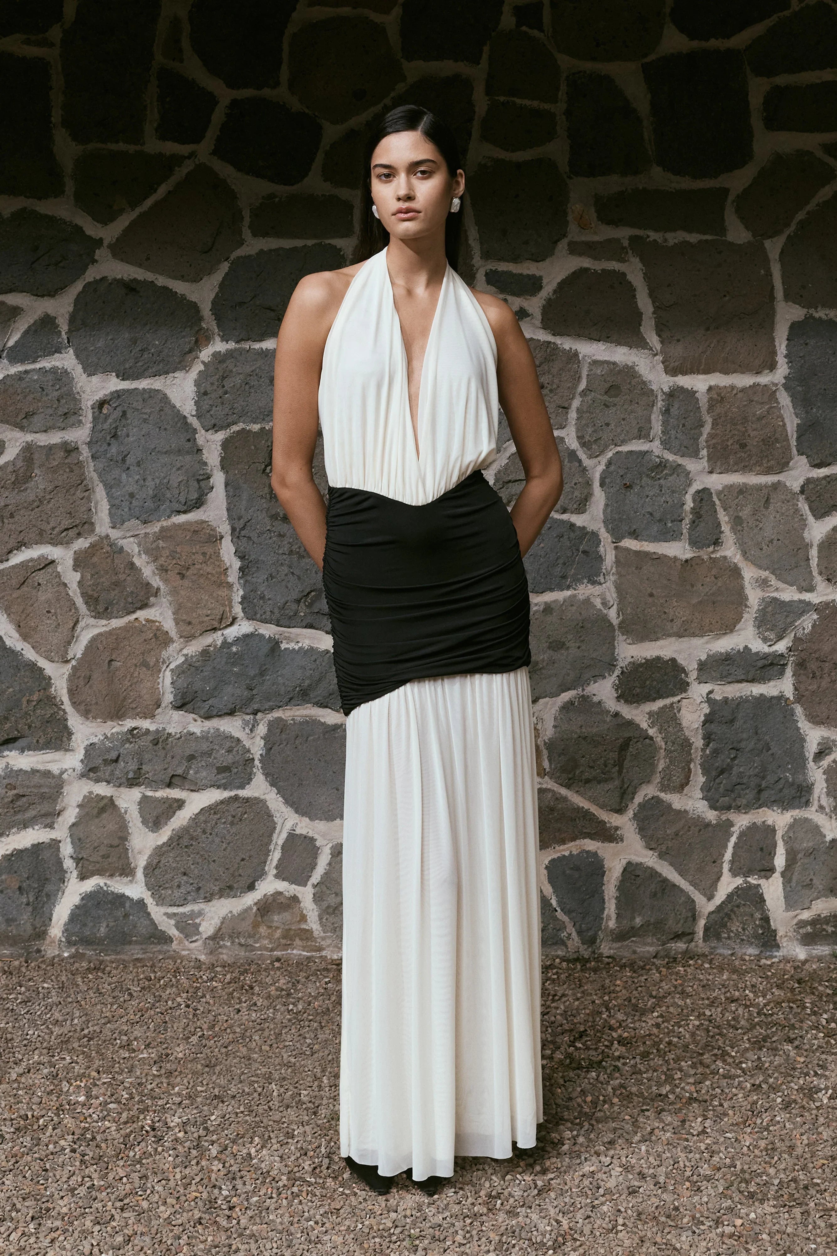 Hailee Slinky And Mesh Halter Maxi Dress Black White