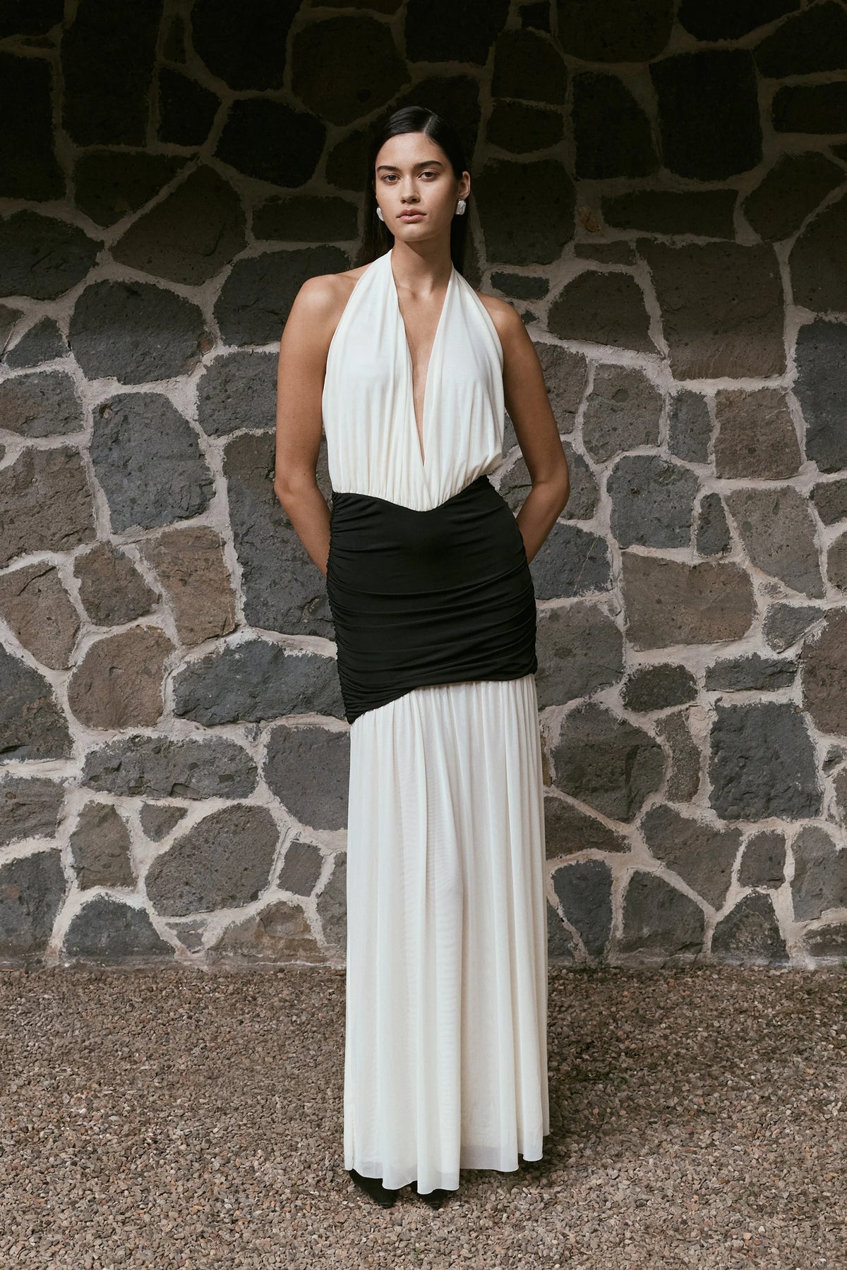 Hailee Slinky And Mesh Halter Maxi Dress Black White