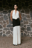 Hailee Slinky And Mesh Halter Maxi Dress Black White