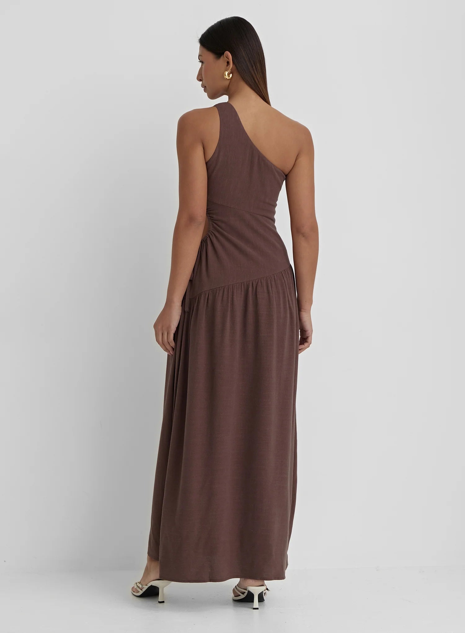 Brown Linen One Shoulder Cut Out Detail Dress