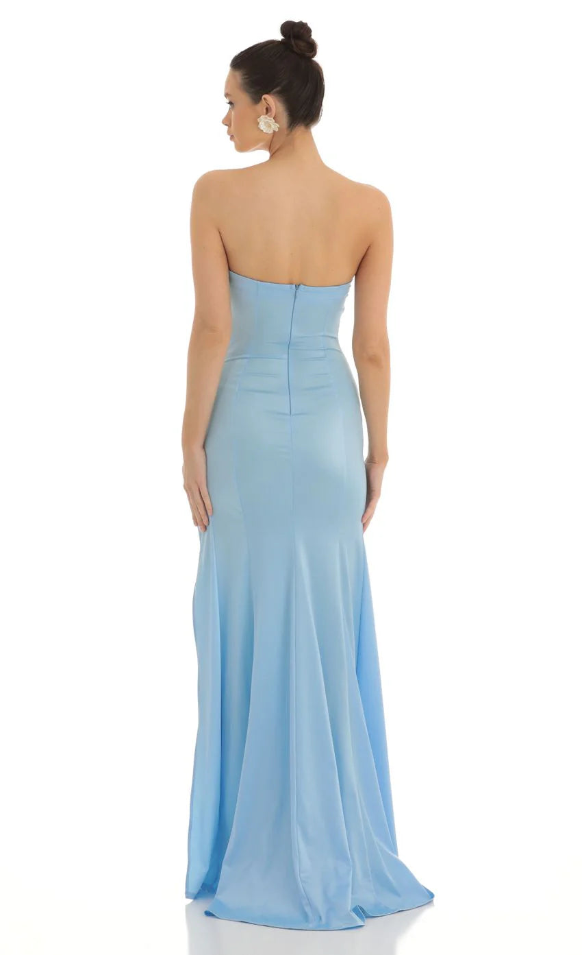 Strapless Satin Maxi Dress in Blue
