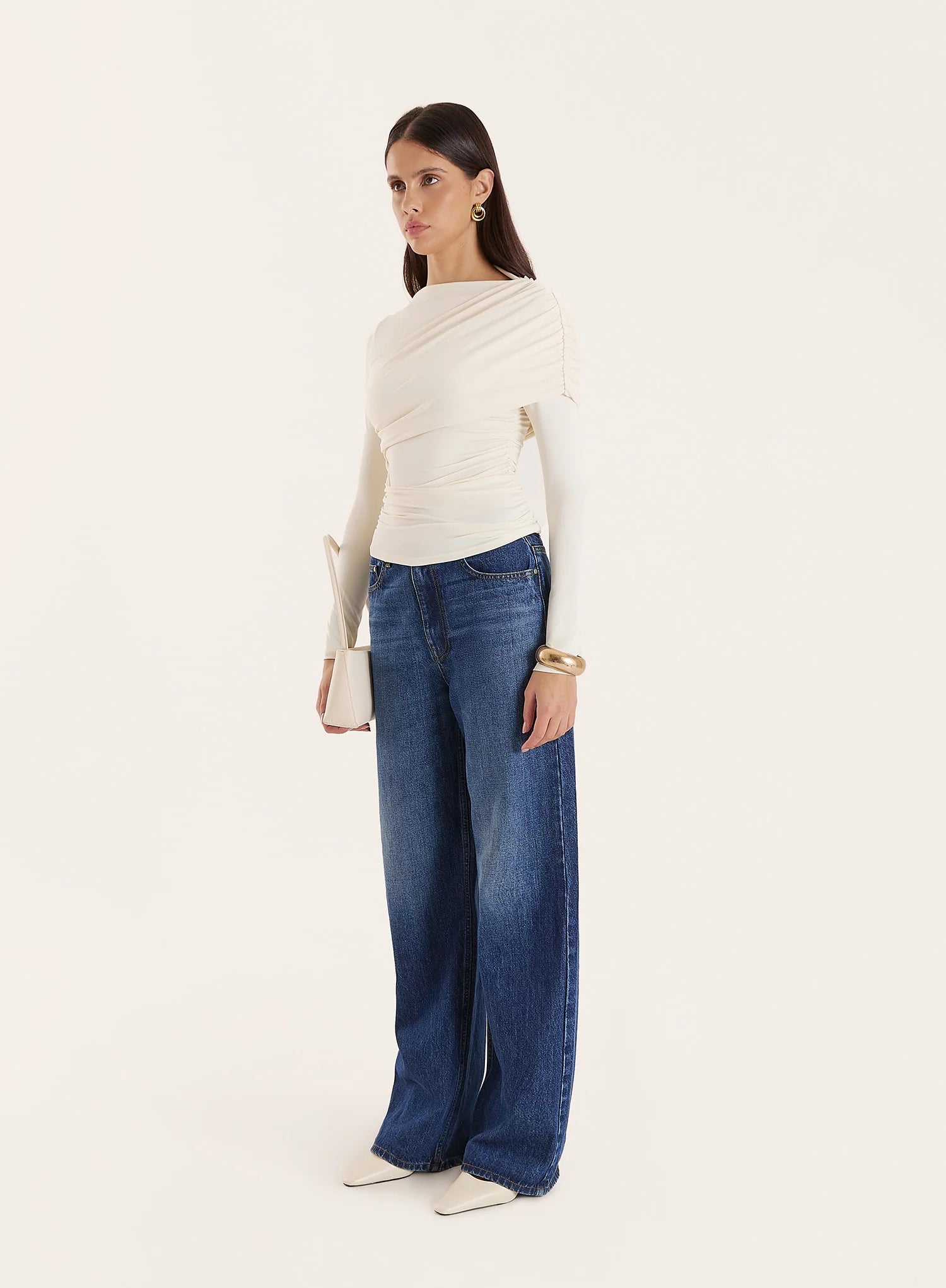 Off White Long Sleeved Drape Top