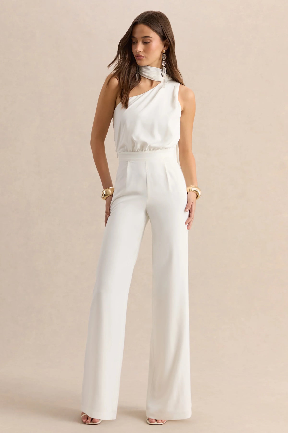 Gliselle White Asymmetric Neck Jumpsuit With Scarf Detail