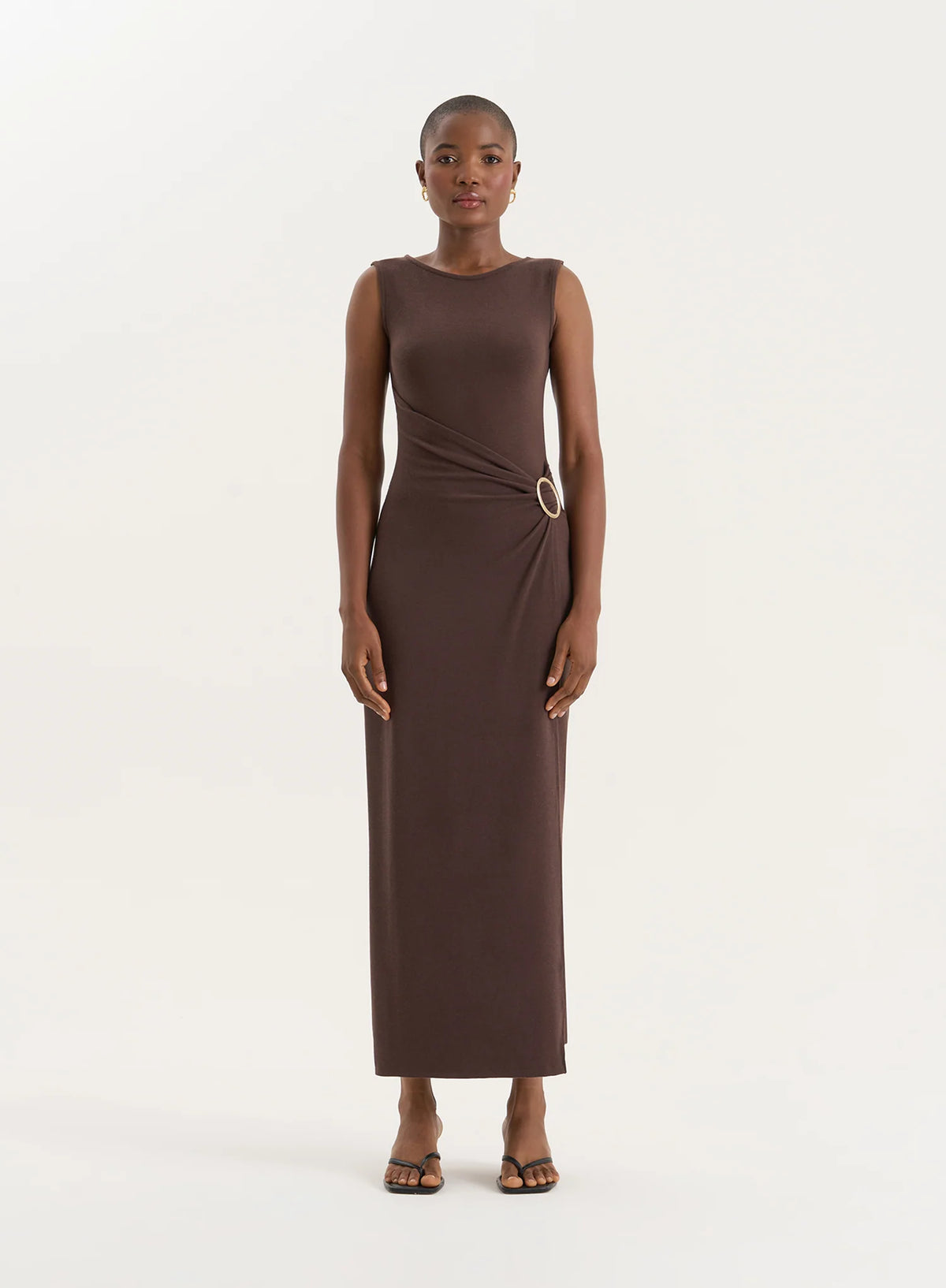 Chocolate Gathered Waist Jersey Maxi Dress