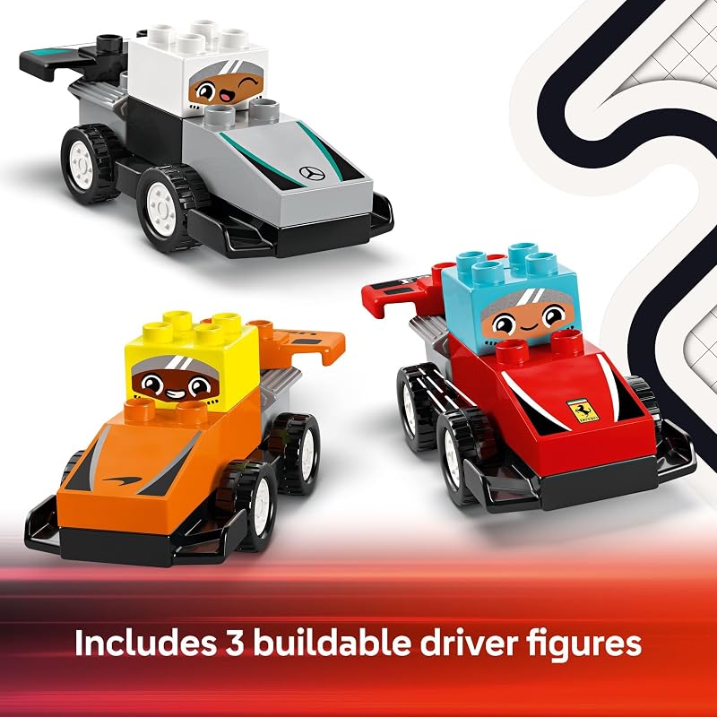 LEGO DUPLO Town F1 Team Race Cars Drivers Building Toy Playset Toddler Toy Cars for Pretend Play Boys and Girls Ages 2 Learning and Educational Gift for Preschool 10445