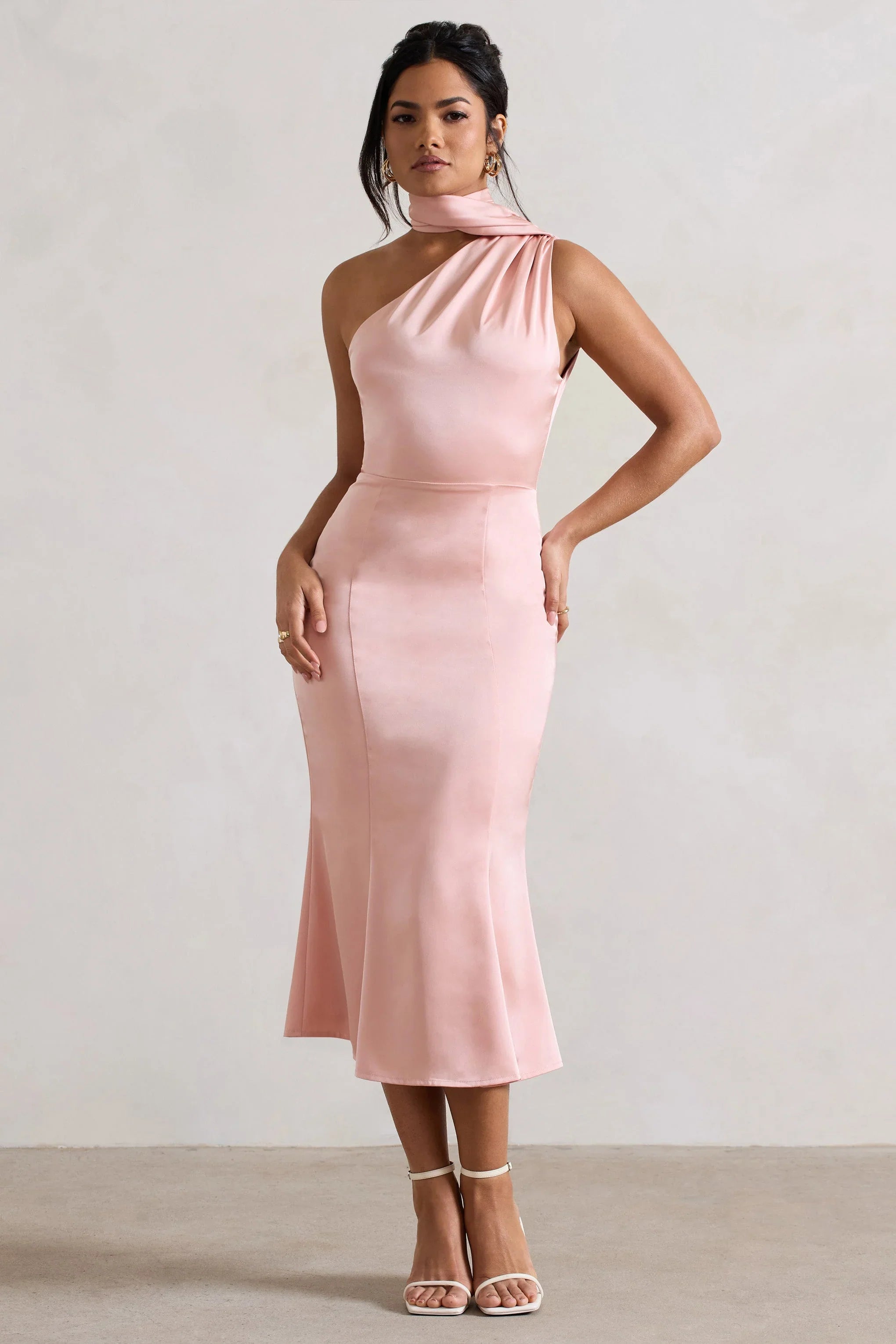 Golden Girl Blush Pink Satin One Shoulder High Neck Flared Midi Dress