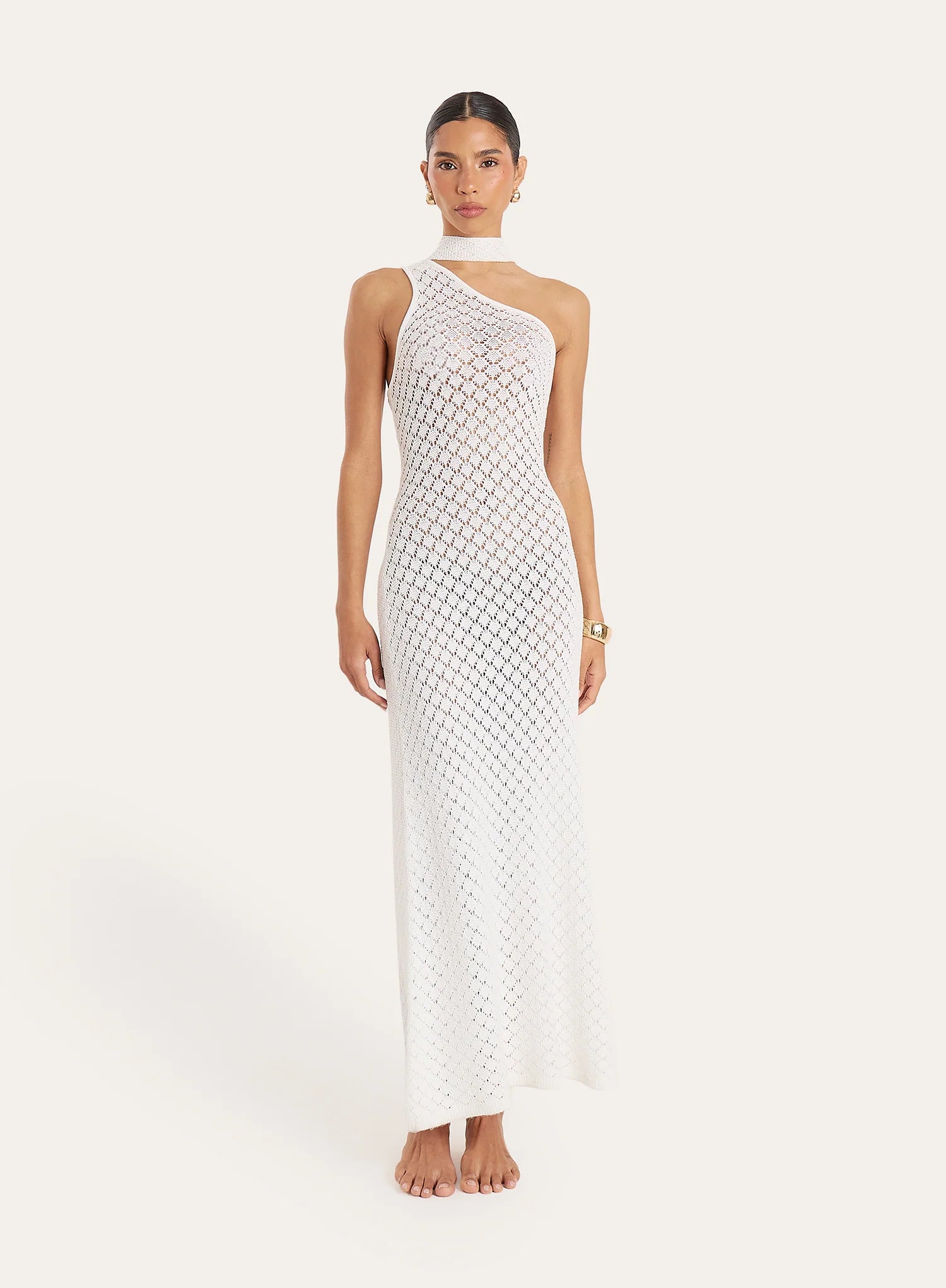 White Crochet One Shoulder Scarf Neck Maxi Dress