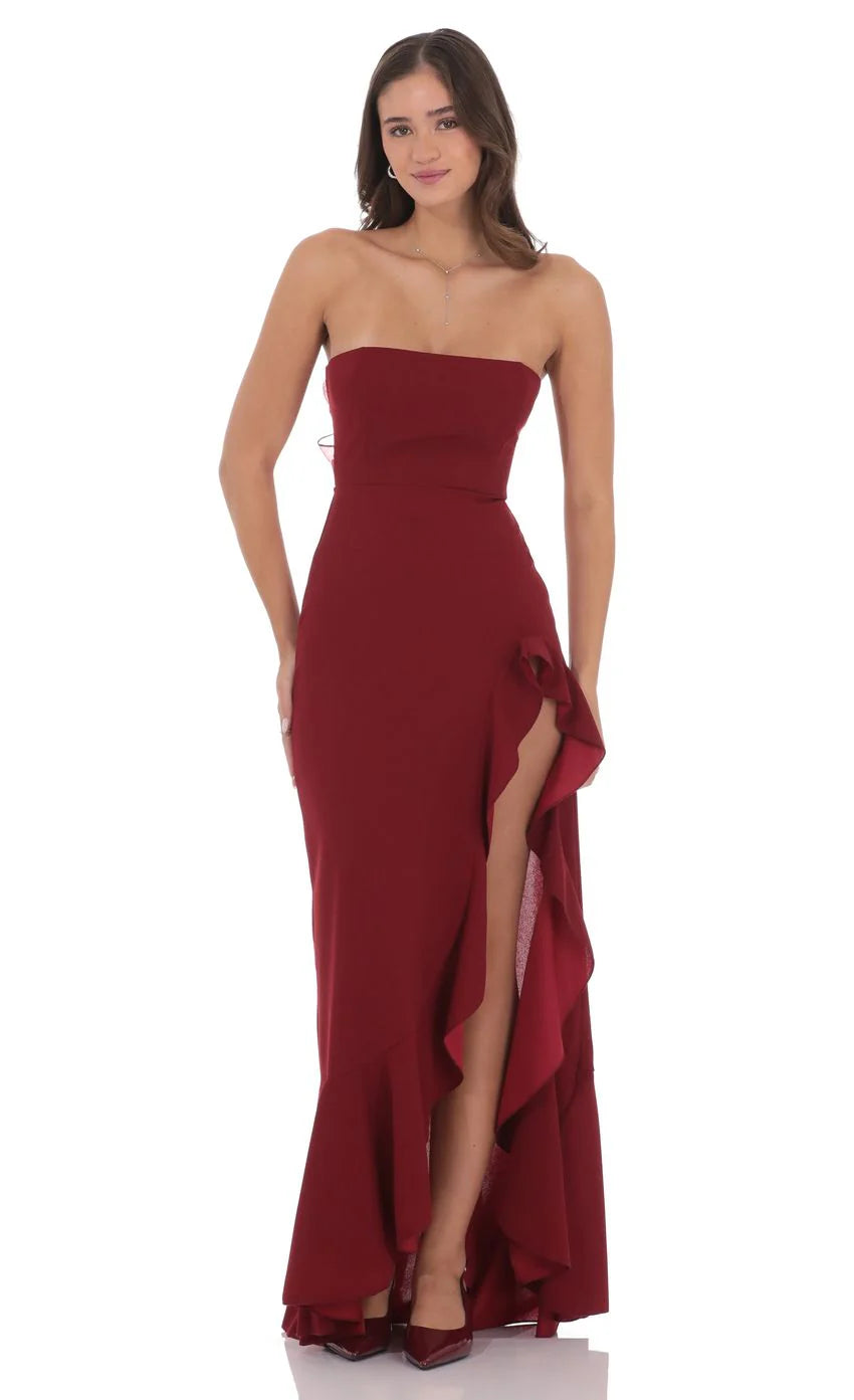 Corset Strapless Back Bow Maxi Dress in Maroon