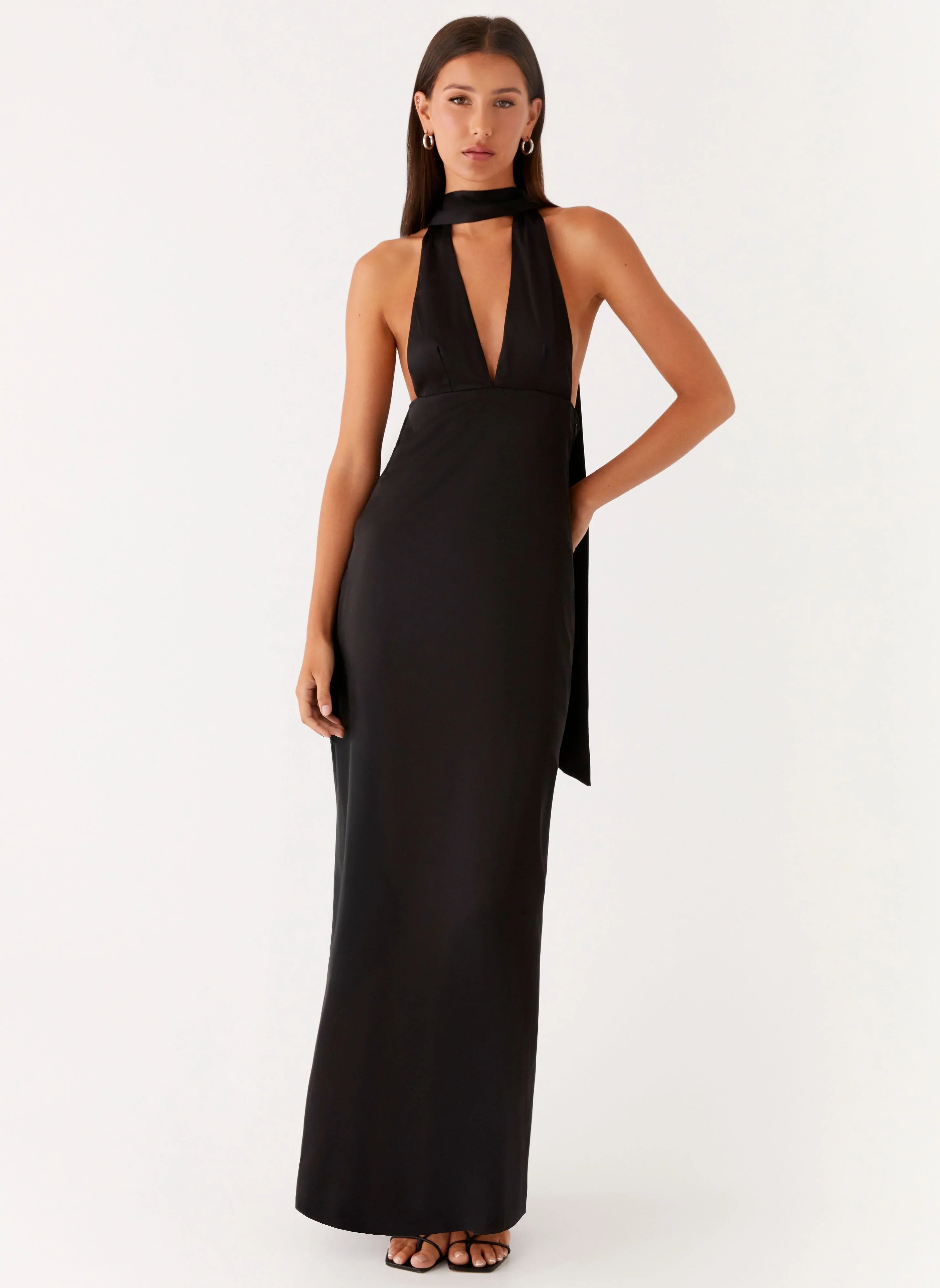 Alicia Satin Halter Maxi Dress Black