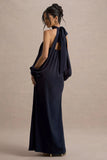 Baila Navy Satin High Neck Cape Sleeve Maxi Dress