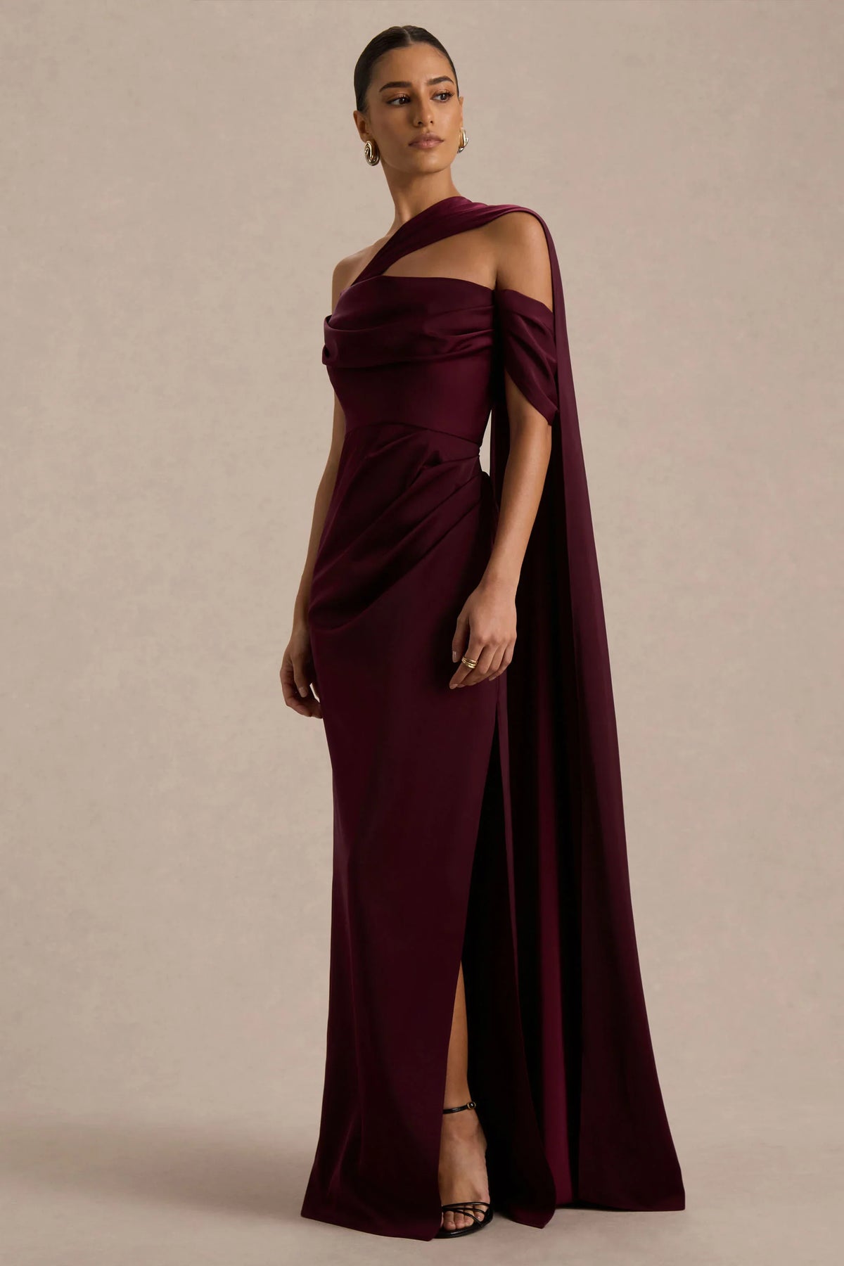 Yazmin Burgundy Satin Asymmetric Maxi Dress With One Sleeve Cape