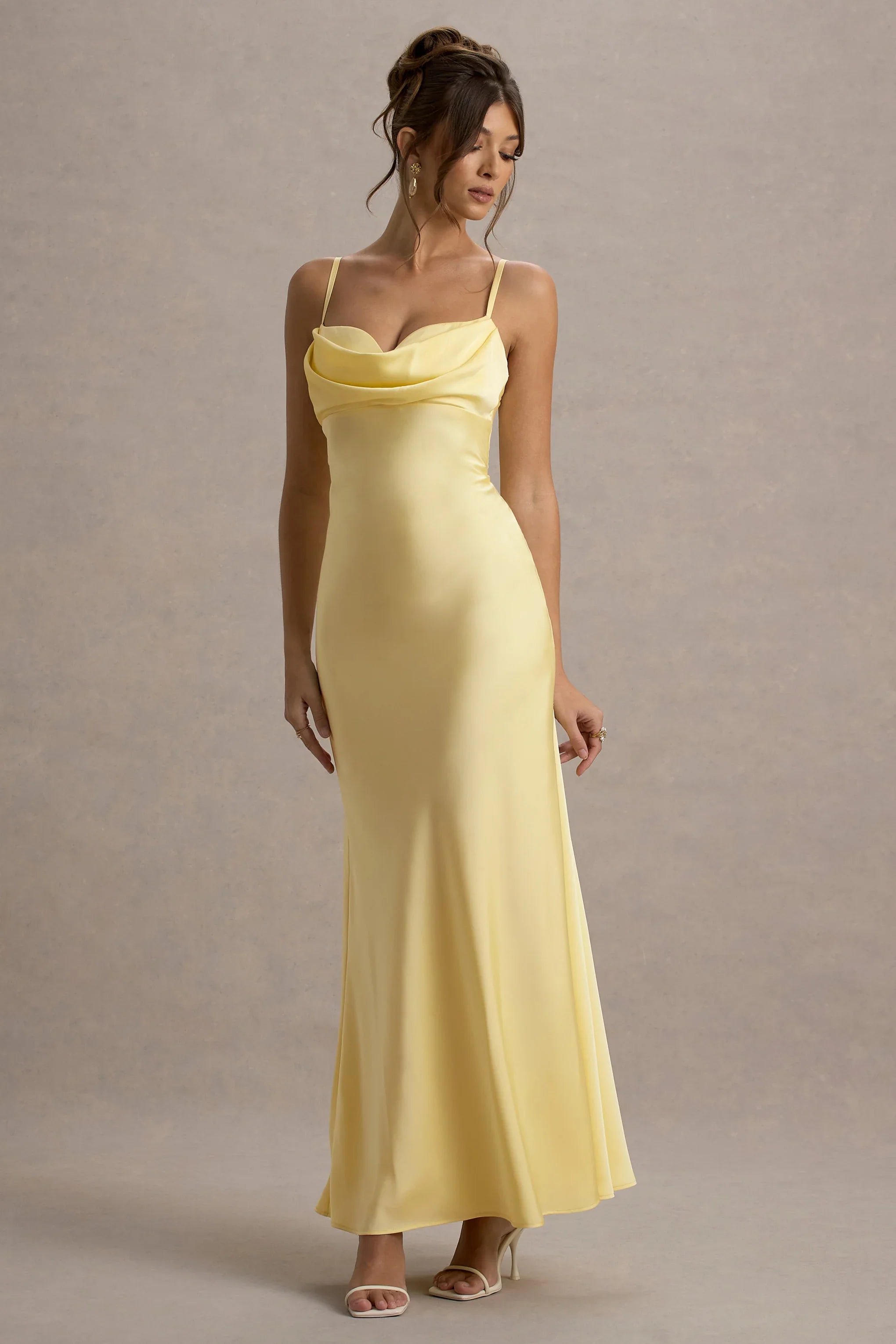 Eimear Lemon Satin Draped Sweetheart Maxi Dress