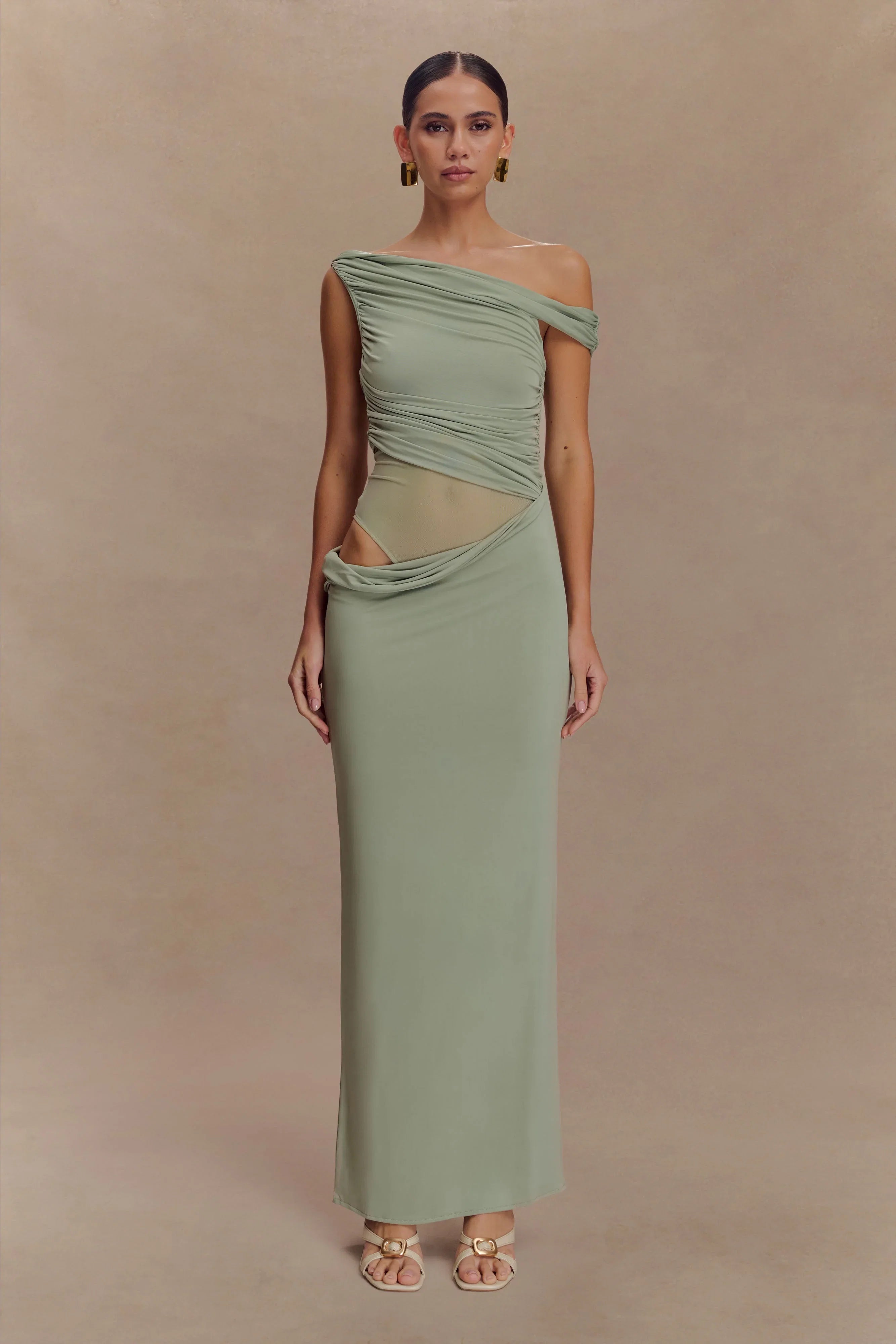Callen One Shoulder Slinky Maxi Dress Sage