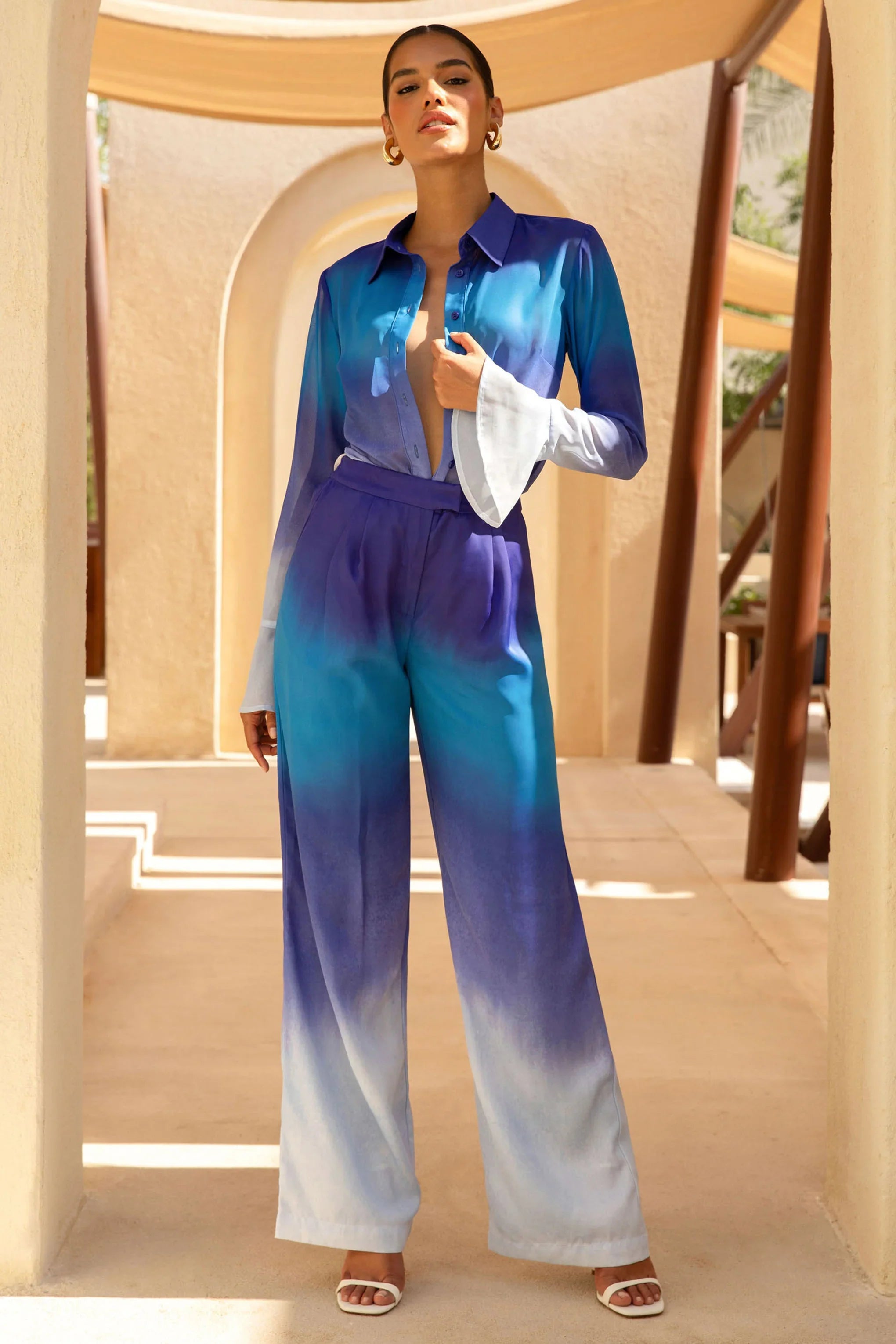 Last Light Blue Ombre Satin Wide Leg Trousers