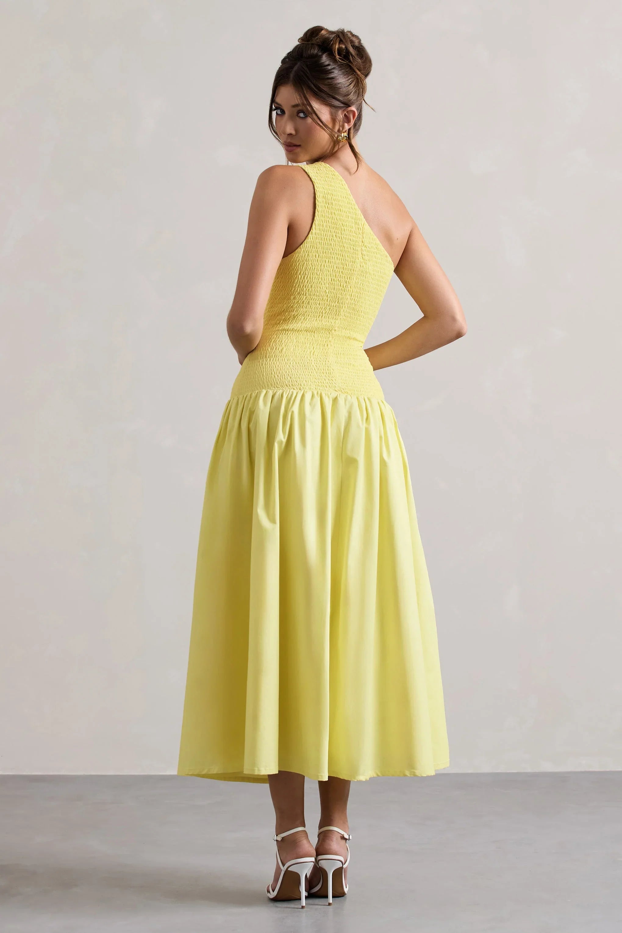 Sorbet Lemon Poplin One Shoulder Pleated Maxi Dress