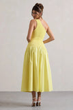 Sorbet Lemon Poplin One Shoulder Pleated Maxi Dress