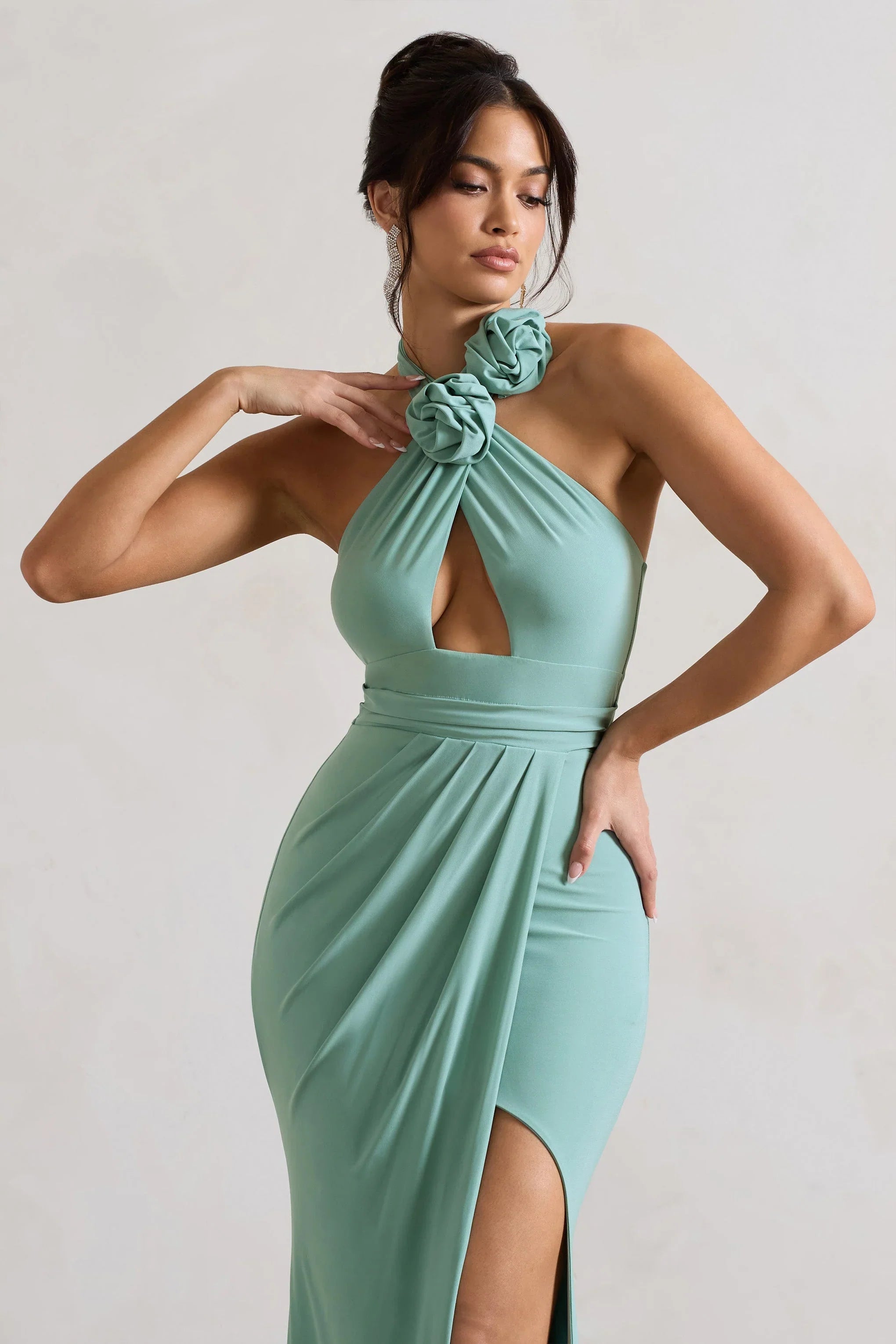 Kira Sage Halter Neck Cut Out Split Maxi Dress With Flowers