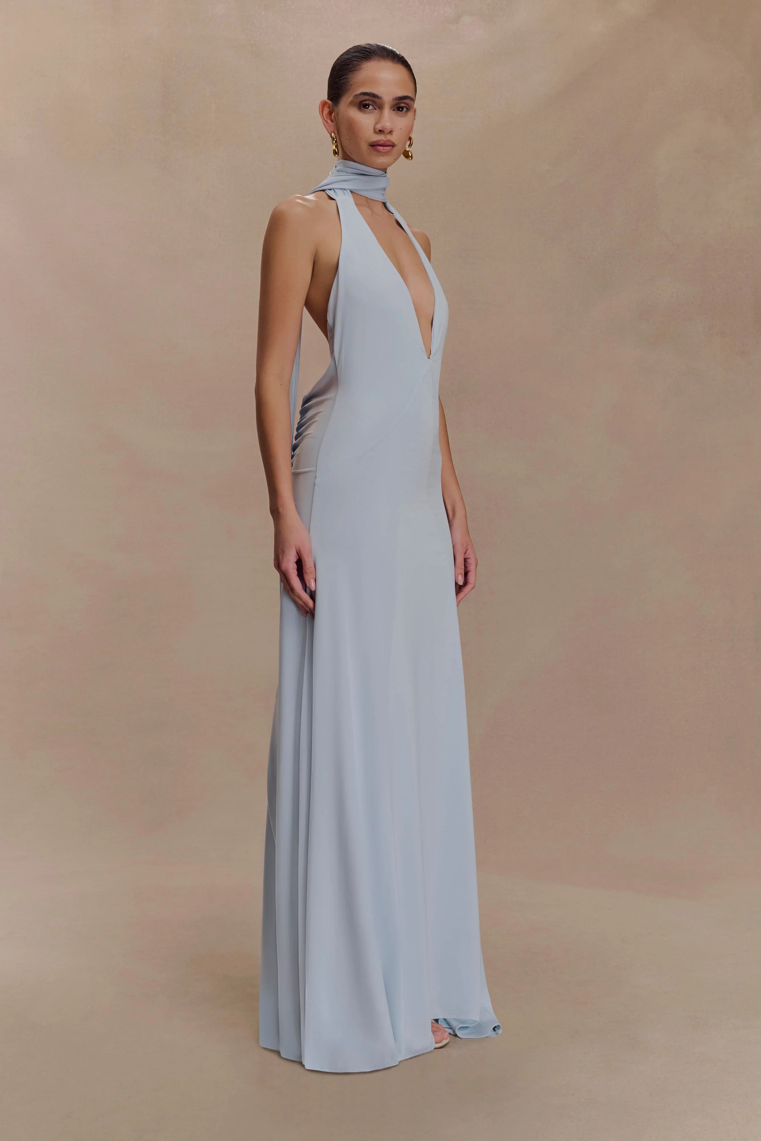 Juliet Slinky Maxi Dress With Scarf Pale Blue